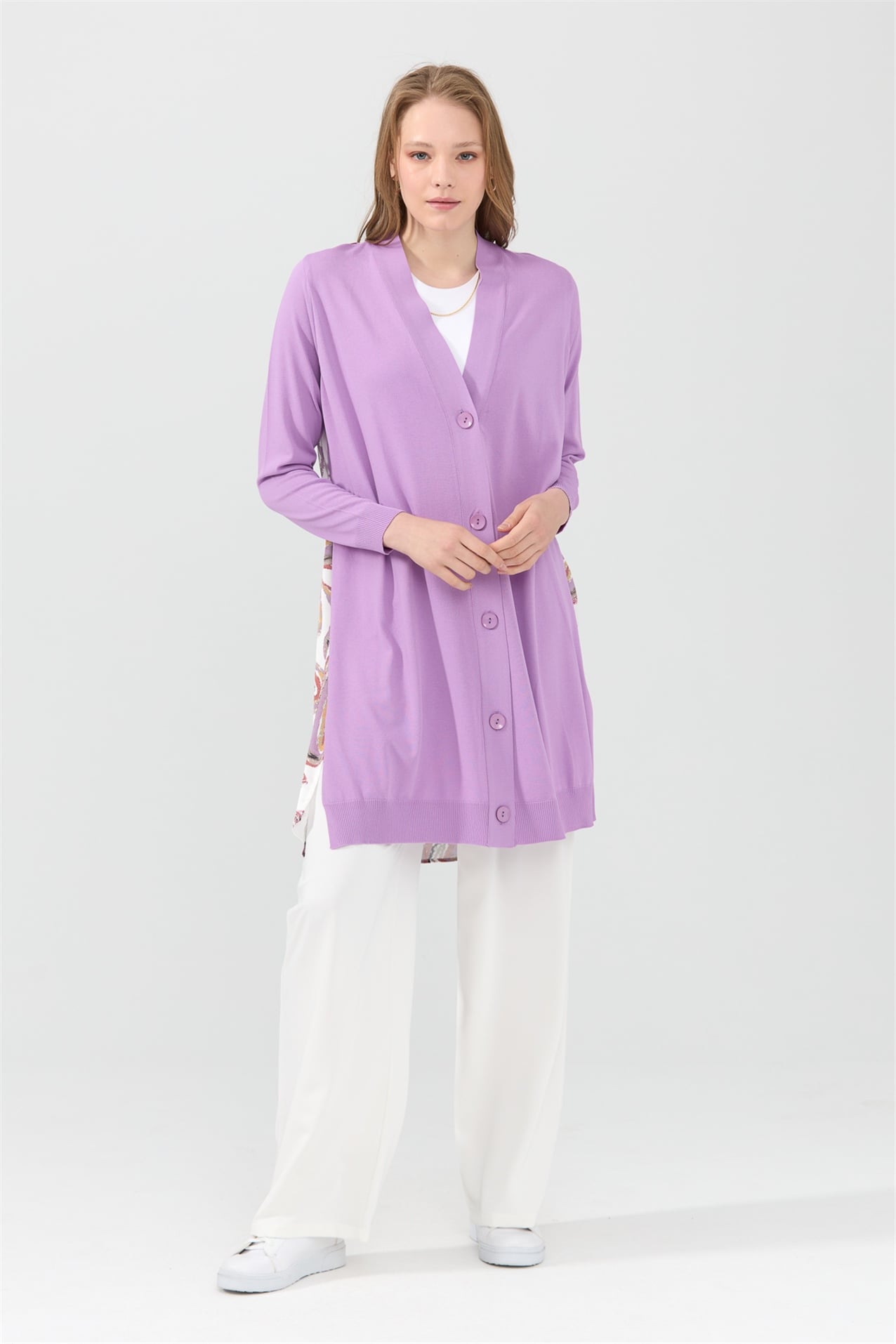 NİHAN Uzun Hırka Nihan Arkası Şal Desenli Rayon Uzun Hırka  Lila_modest