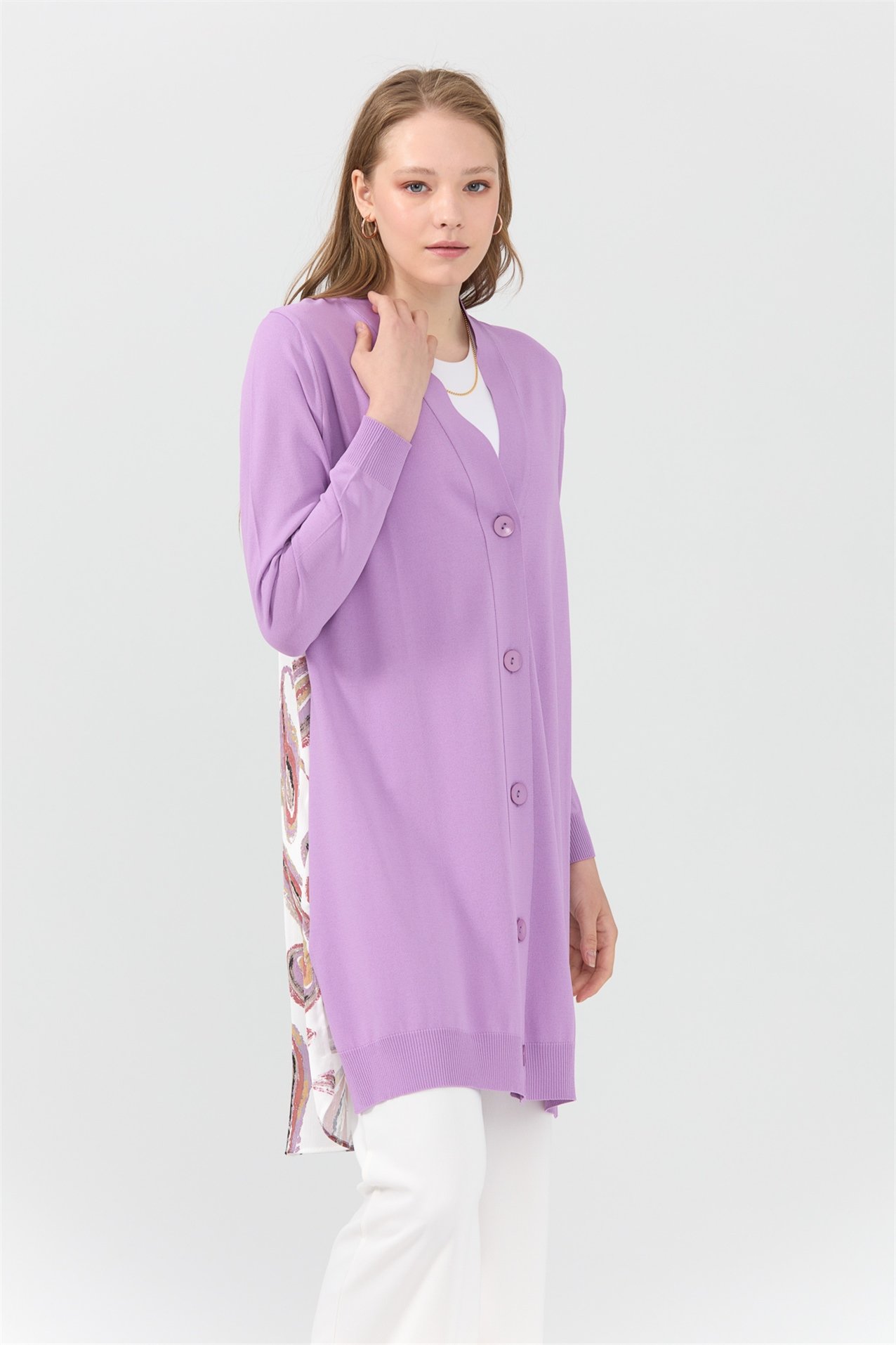 NİHAN Uzun Hırka Nihan Arkası Şal Desenli Rayon Uzun Hırka  Lila_modest