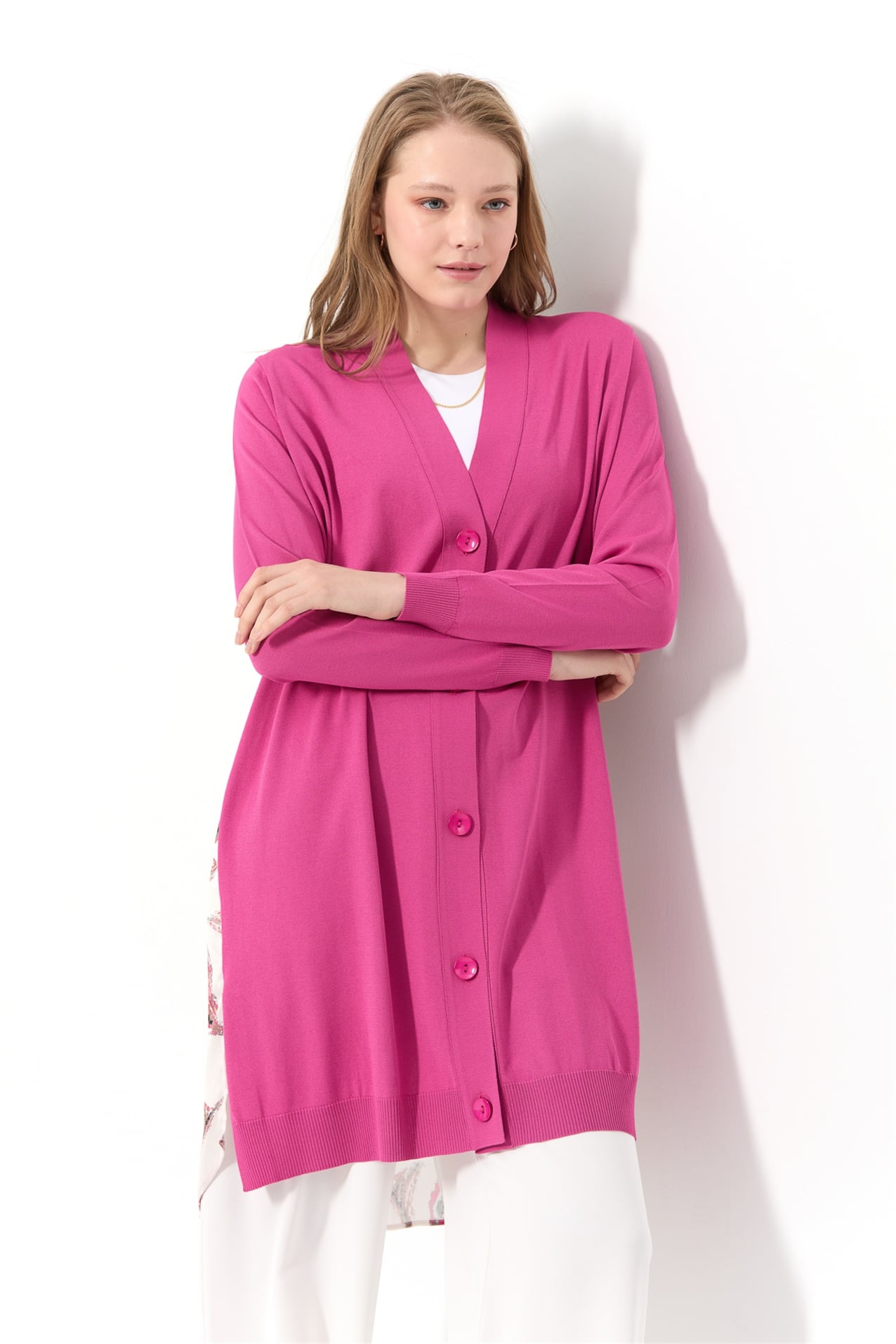NİHAN Uzun Hırka Nihan Arkası Şal Desenli Rayon Uzun Hırka  Fuşya_modest