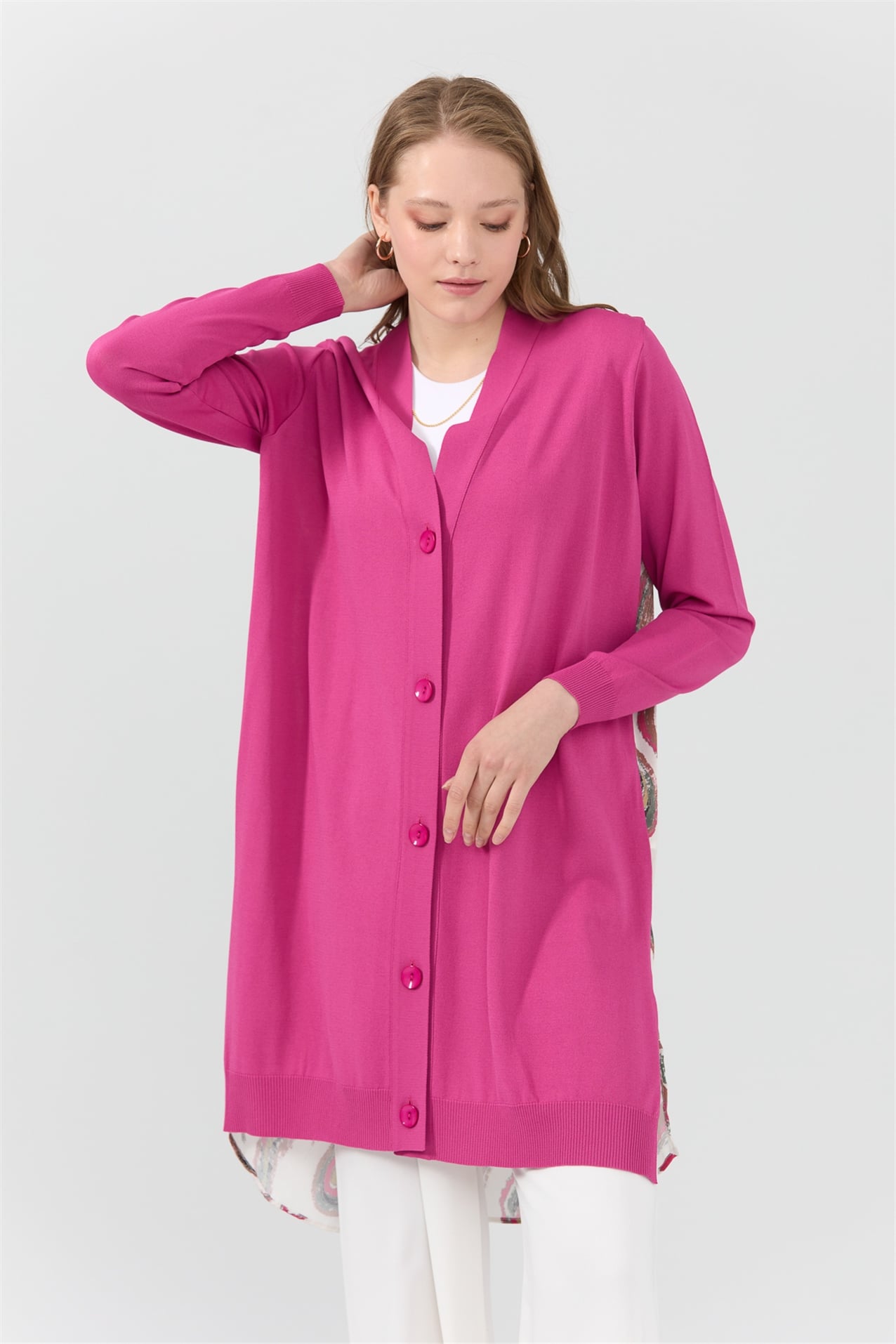 NİHAN Uzun Hırka Nihan Arkası Şal Desenli Rayon Uzun Hırka  Fuşya_modest