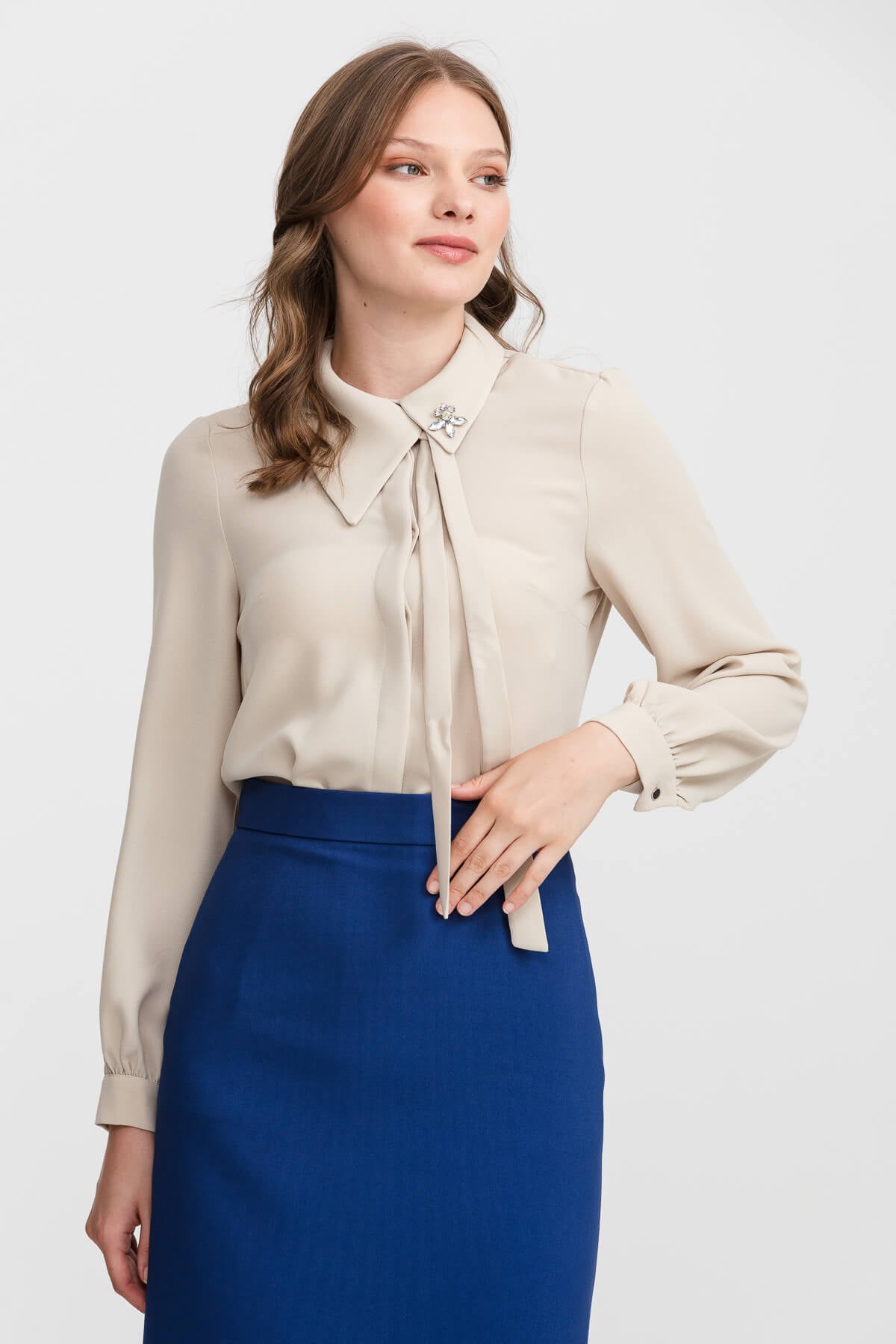 NİHAN Shirts Nihan Asimetrik Yaka Gömlek  Bej_modest