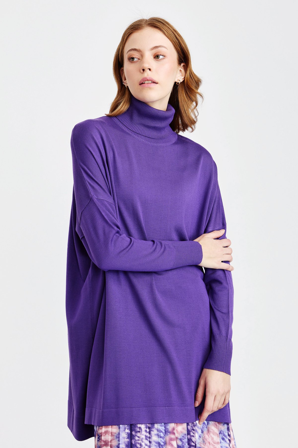 NİHAN Tunic Nihan Balıkçı Yaka Basic Oversize Triko Tunik  Mor_modest