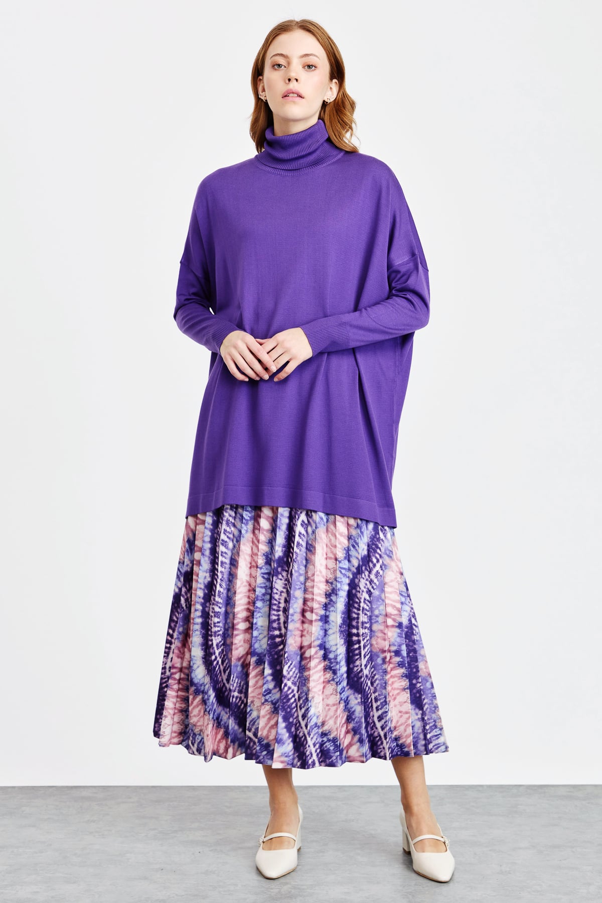 NİHAN Tunic Nihan Balıkçı Yaka Basic Oversize Triko Tunik  Mor_modest