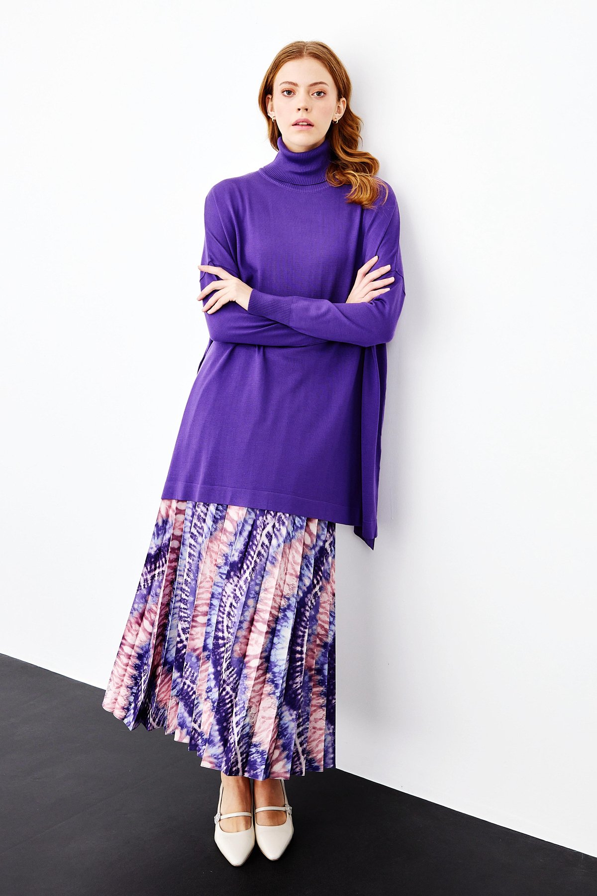 NİHAN Tunic Nihan Balıkçı Yaka Basic Oversize Triko Tunik  Mor_modest