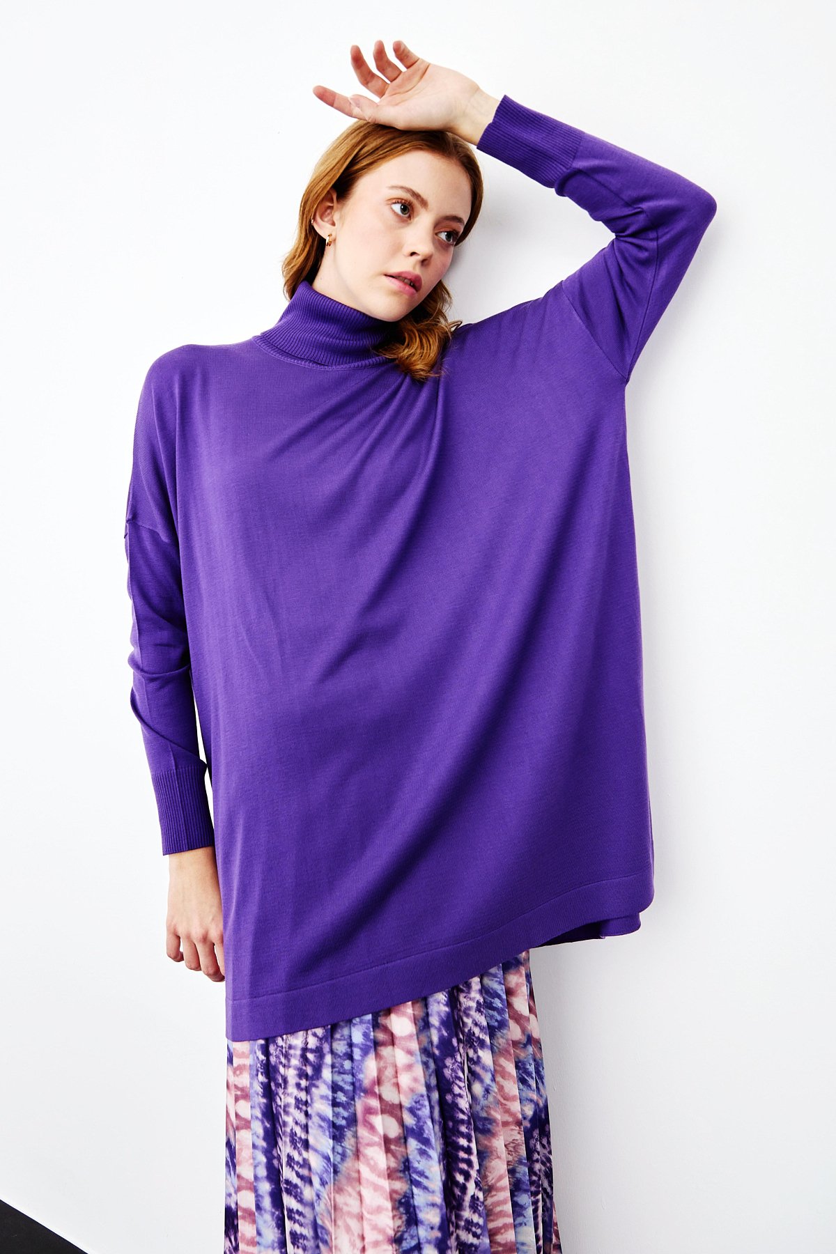 NİHAN Tunic Nihan Balıkçı Yaka Basic Oversize Triko Tunik  Mor_modest