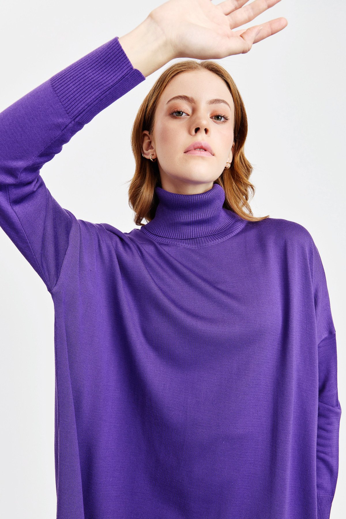 NİHAN Tunic Nihan Balıkçı Yaka Basic Oversize Triko Tunik  Mor_modest