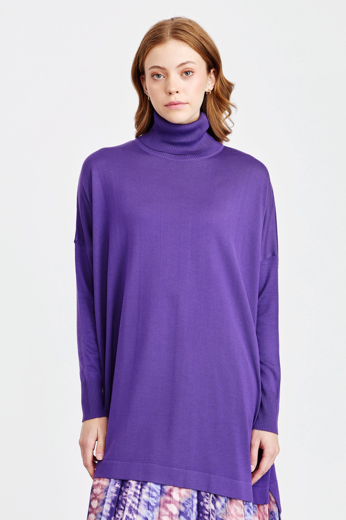 NİHAN Tunic Nihan Balıkçı Yaka Basic Oversize Triko Tunik  Mor_modest