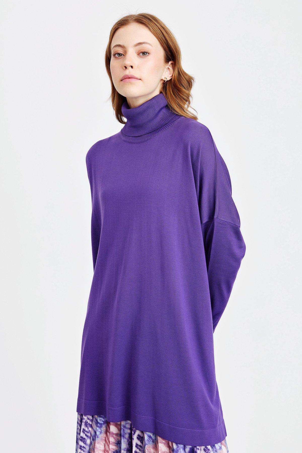 NİHAN Tunic Nihan Balıkçı Yaka Basic Oversize Triko Tunik  Mor_modest