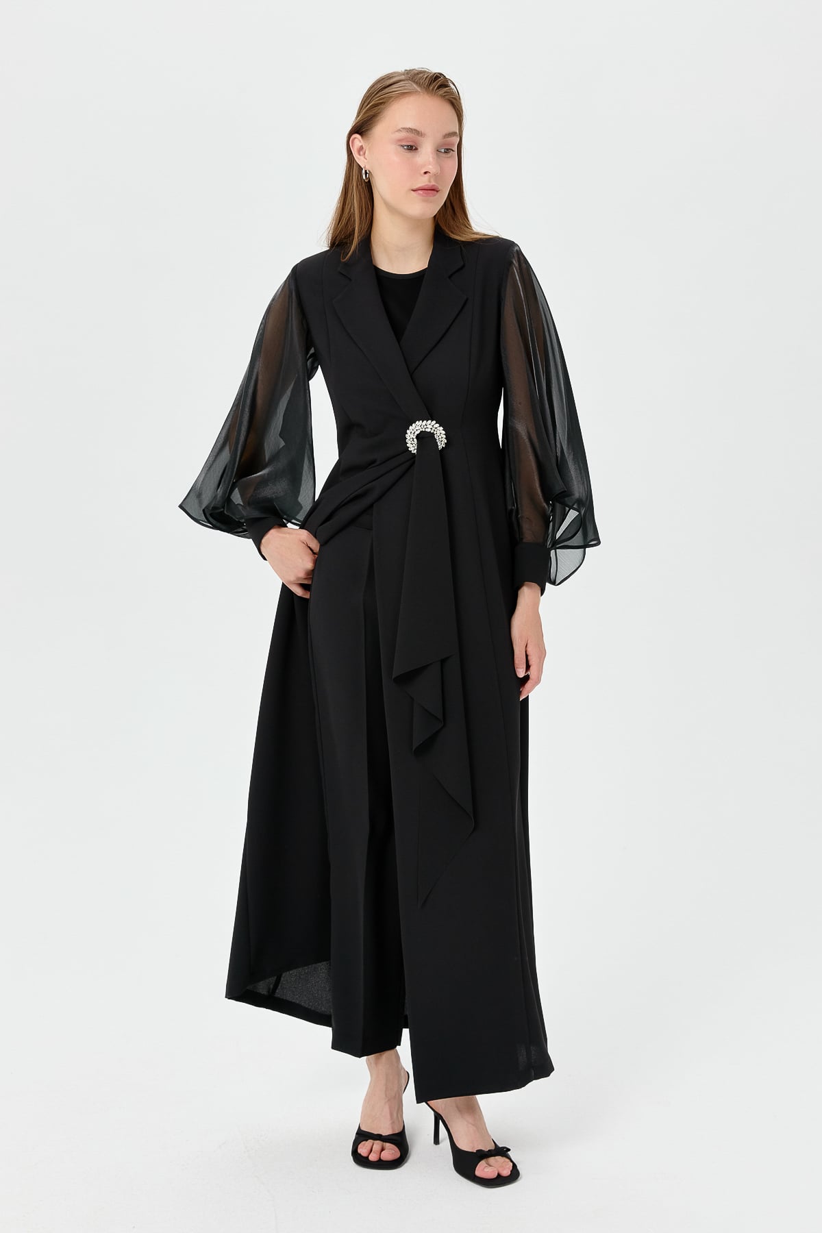 NİHAN Suits Nihan Balon Kollu Şık Kaftan Takım  Siyah_modest