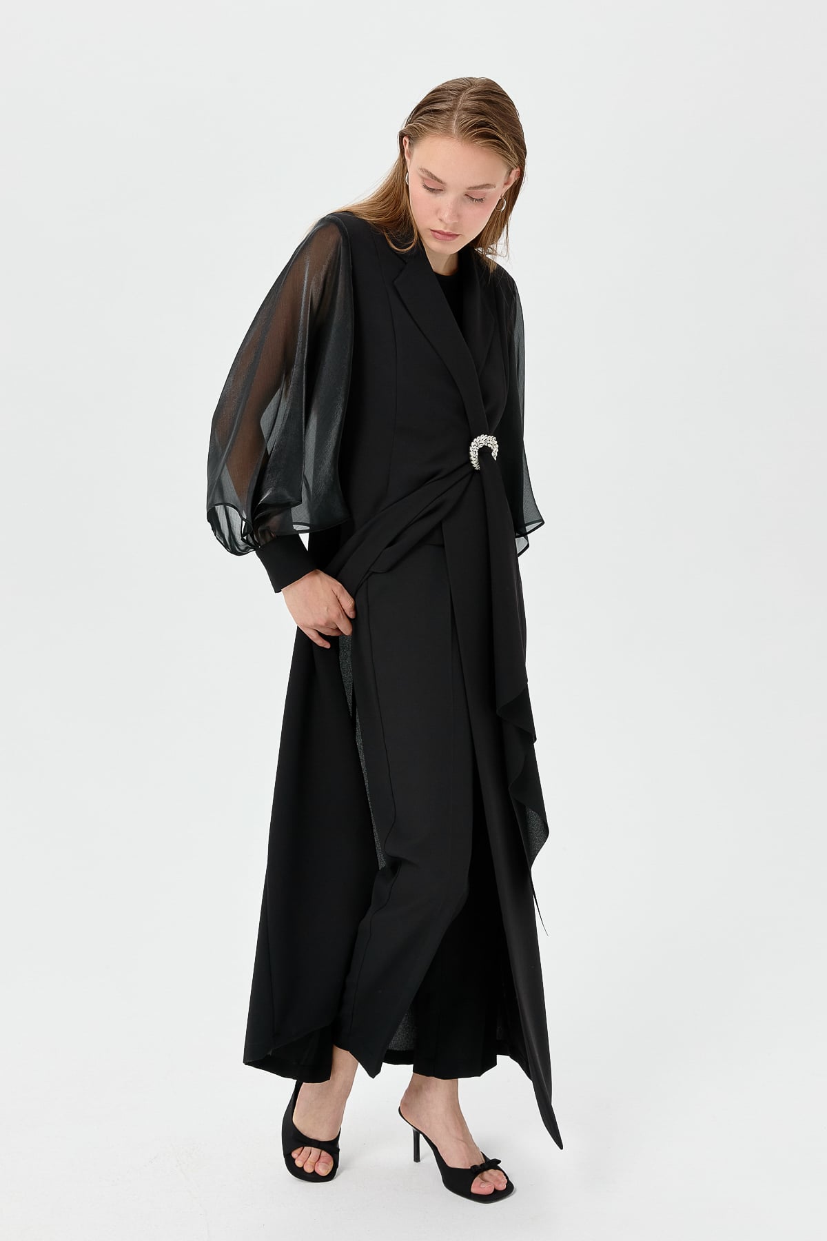 NİHAN Suits Nihan Balon Kollu Şık Kaftan Takım  Siyah_modest