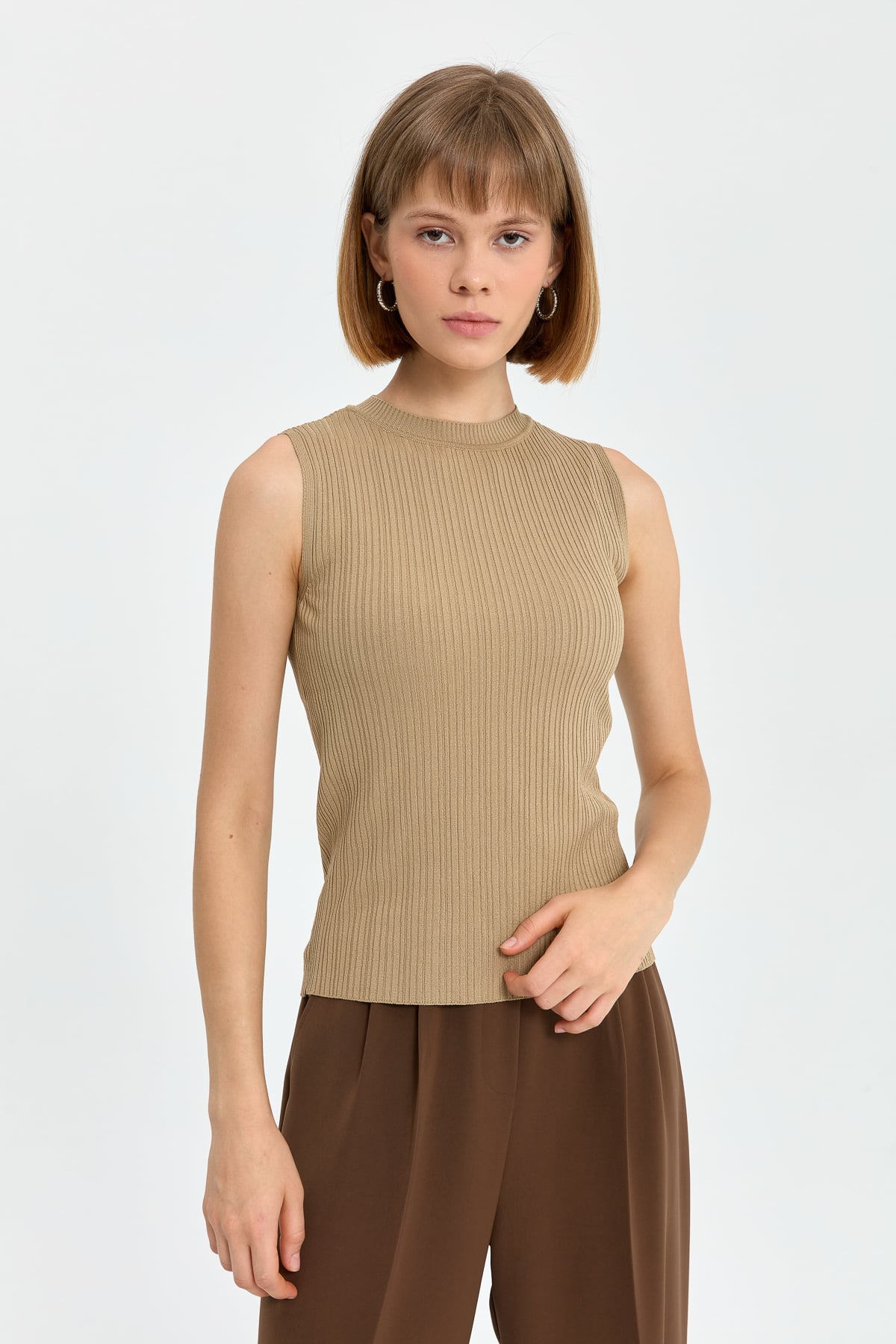NİHAN Base Layers Nihan Basic Fitilli Kolsuz Triko İçlik  Bej_modest