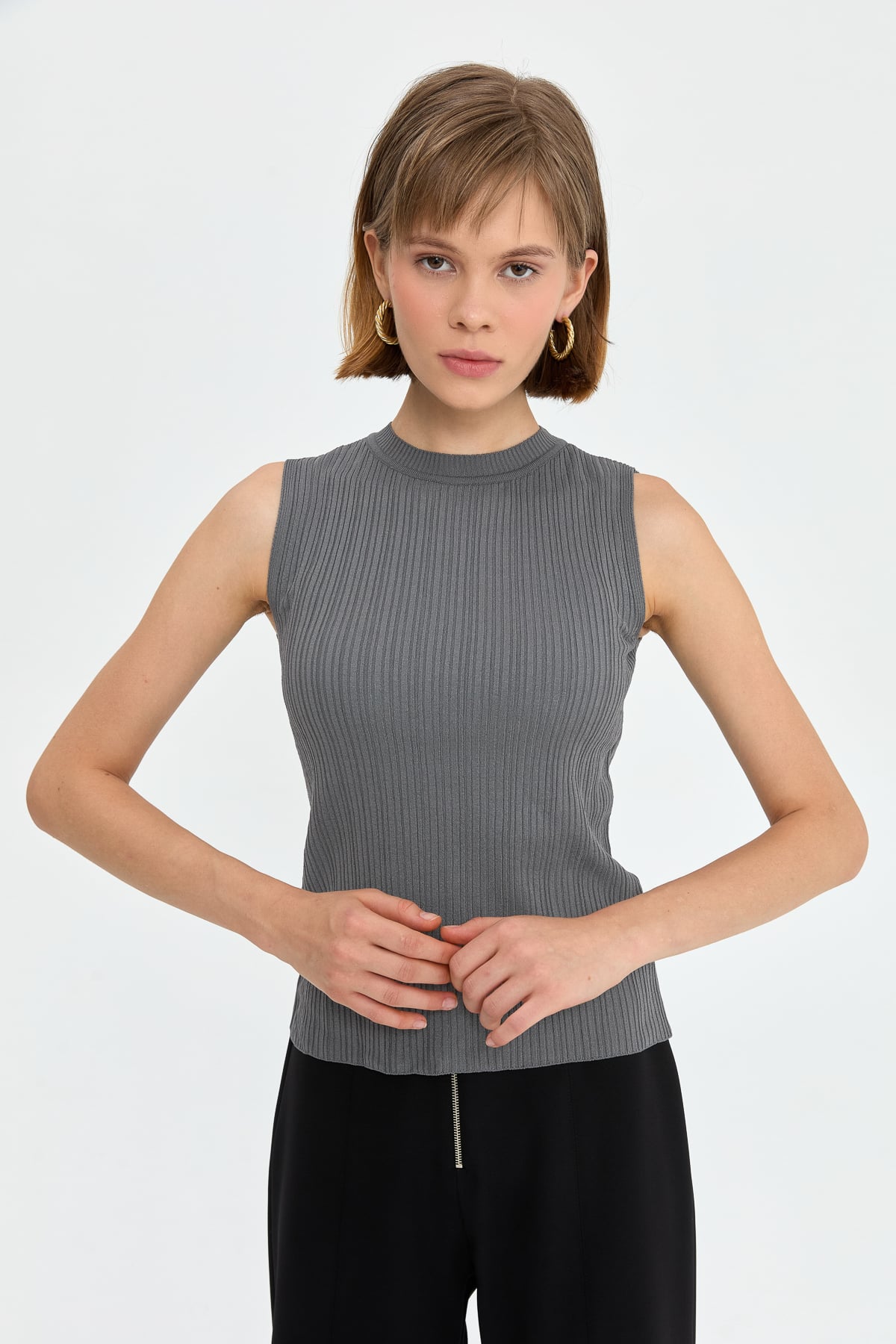 NİHAN İçlik Nihan Basic Fitilli Kolsuz Triko İçlik  Gri_modest