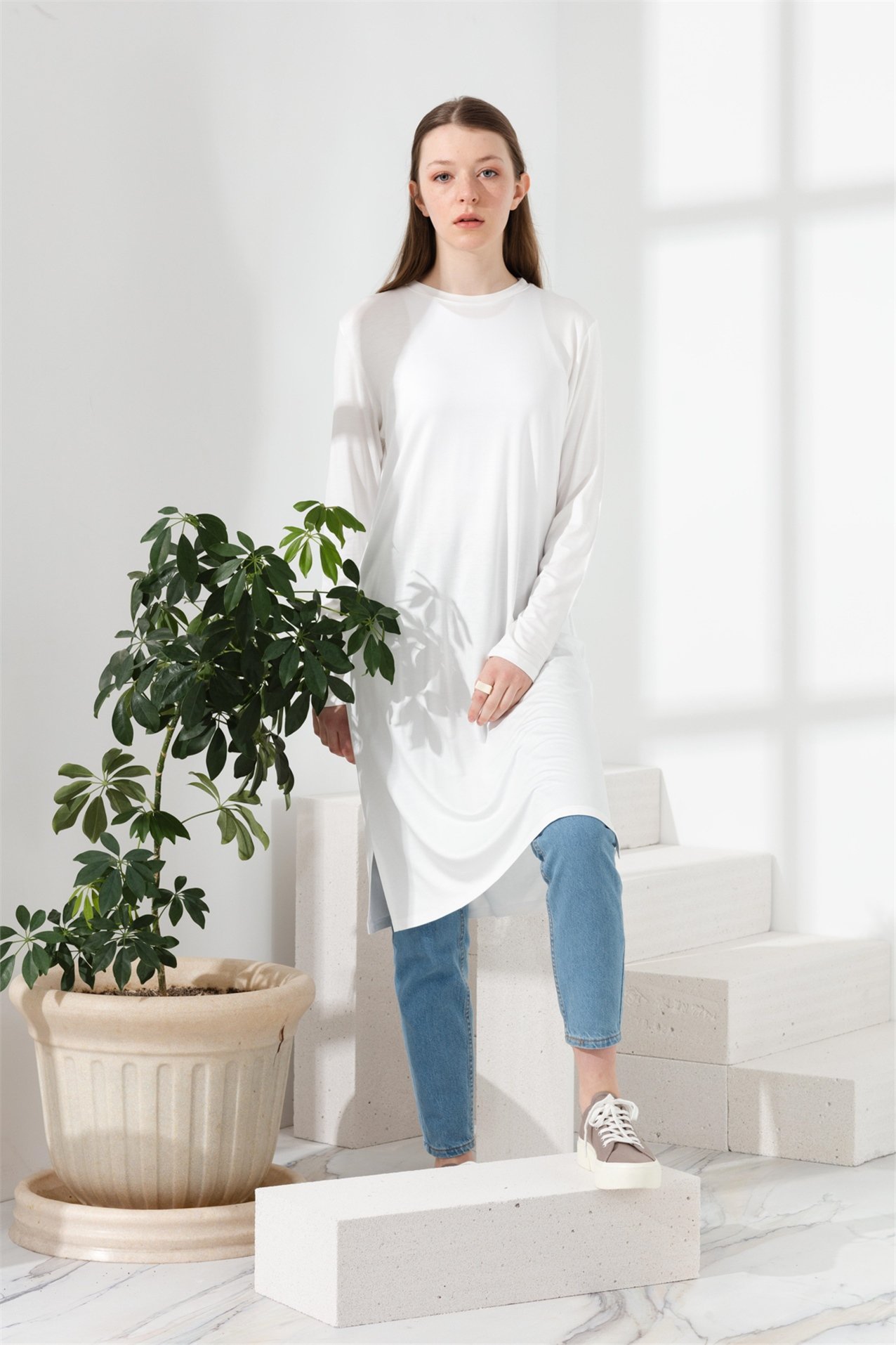 NİHAN Tunik Nihan Basic Penye Tunik  Ekru_modest