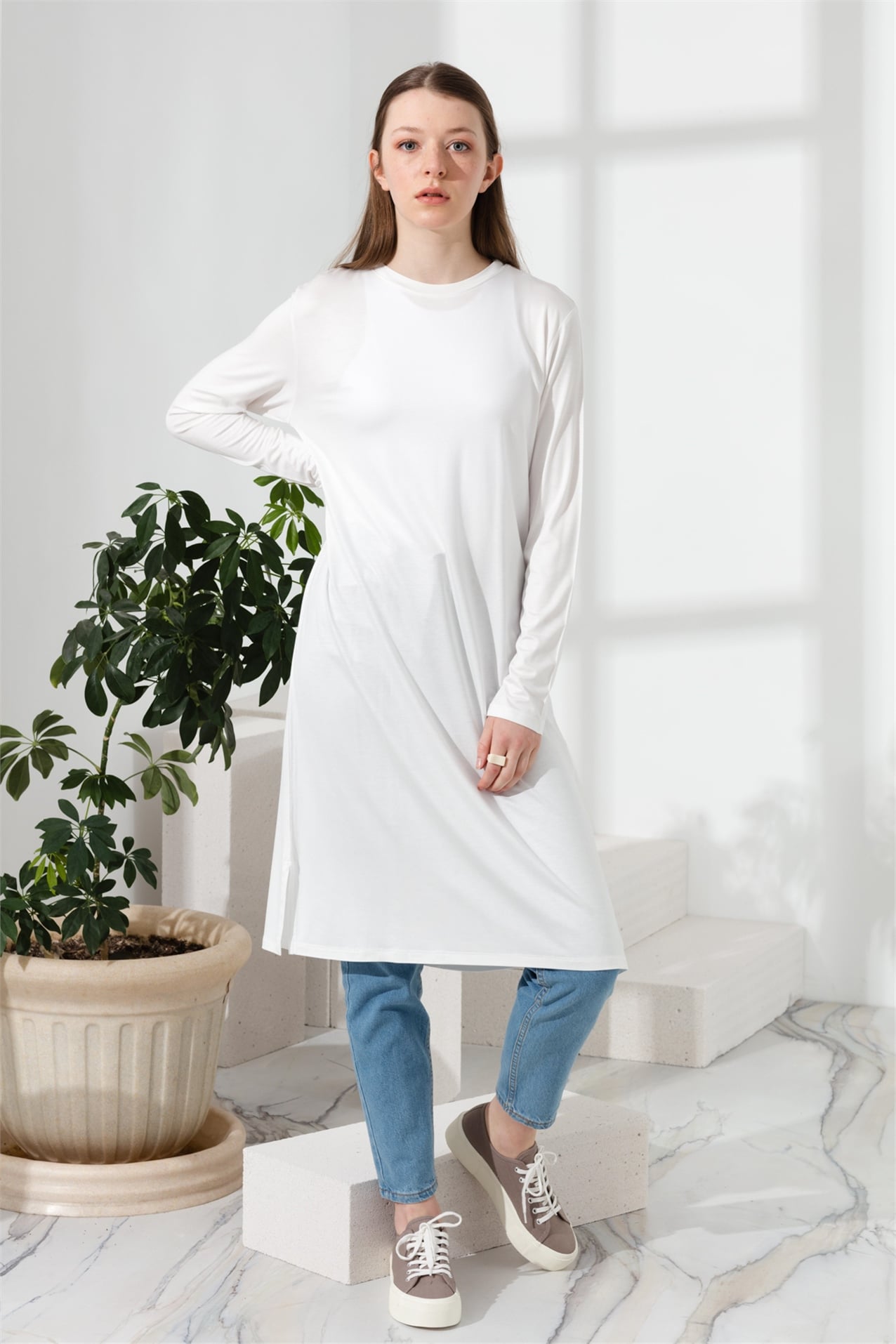 NİHAN Tunik Nihan Basic Penye Tunik  Ekru_modest