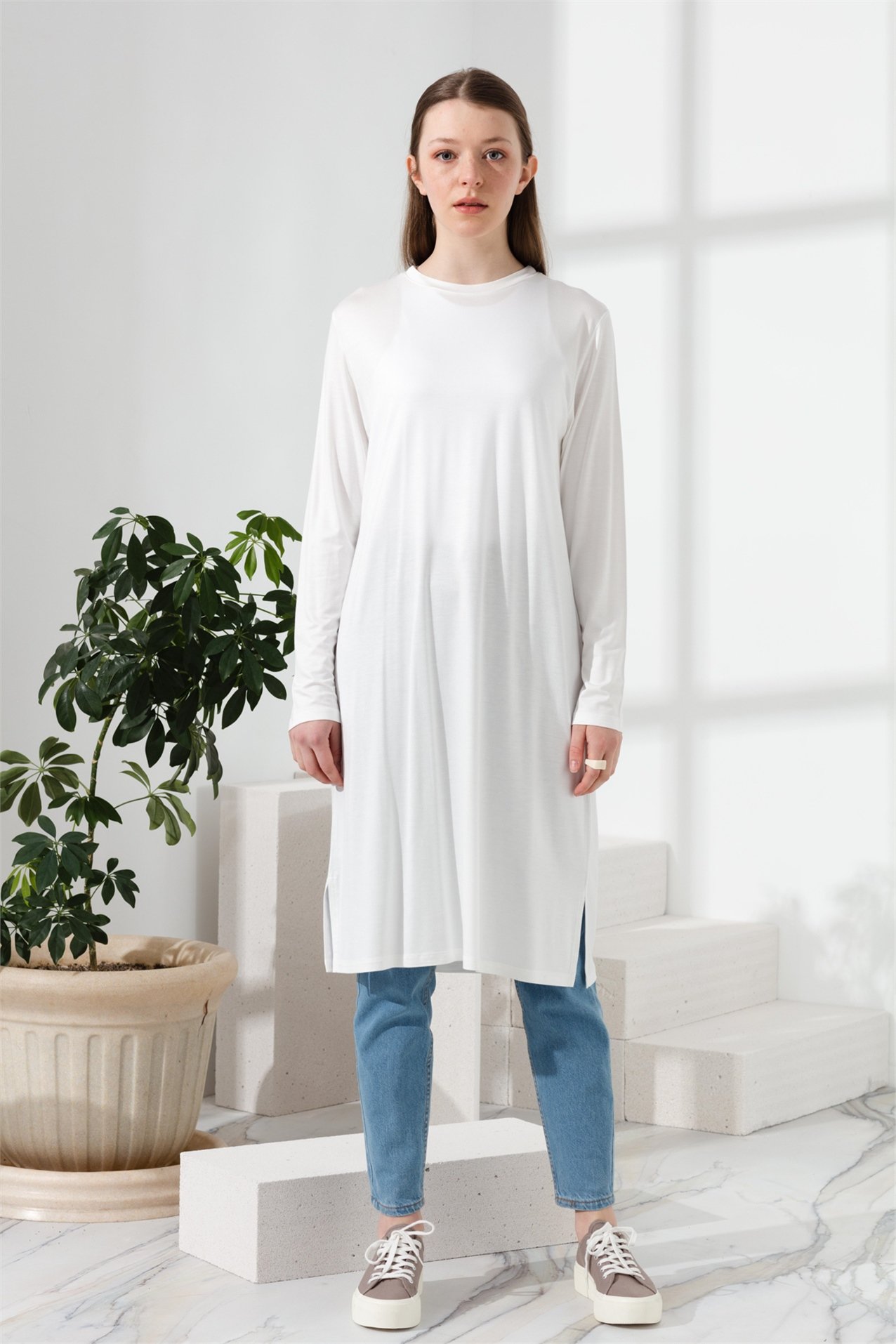 NİHAN Tunik Nihan Basic Penye Tunik  Ekru_modest