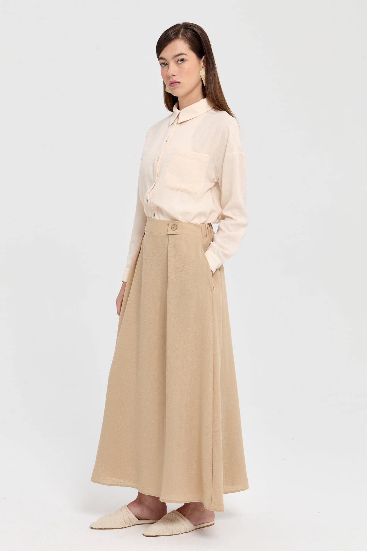 NİHAN Skirt Nihan Bel Detaylı Cepli Etek  Bej_modest