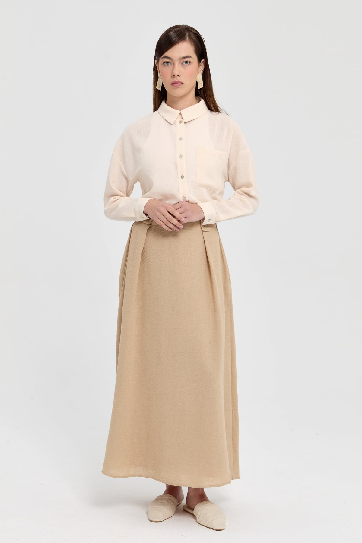 NİHAN Skirt Nihan Bel Detaylı Cepli Etek  Bej_modest