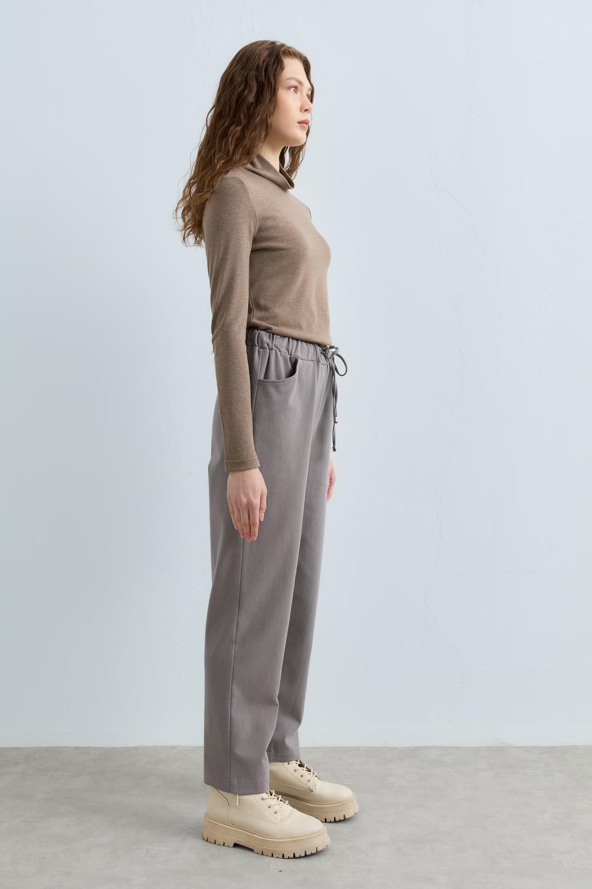 NİHAN Pantolon Nihan Beli Bağcıklı Gabardin Havuç Pantolon  Gri_modest
