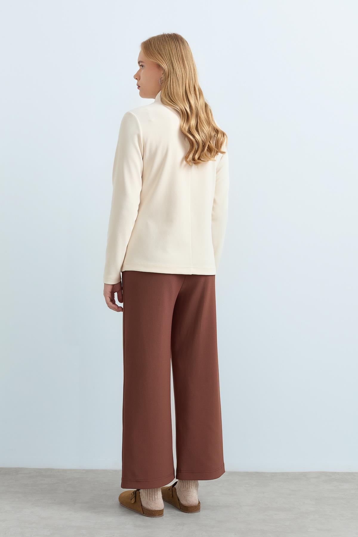 NİHAN Pants Nihan Beli Lastikli Bol Paça Örme Pantolon  Kahve_modest
