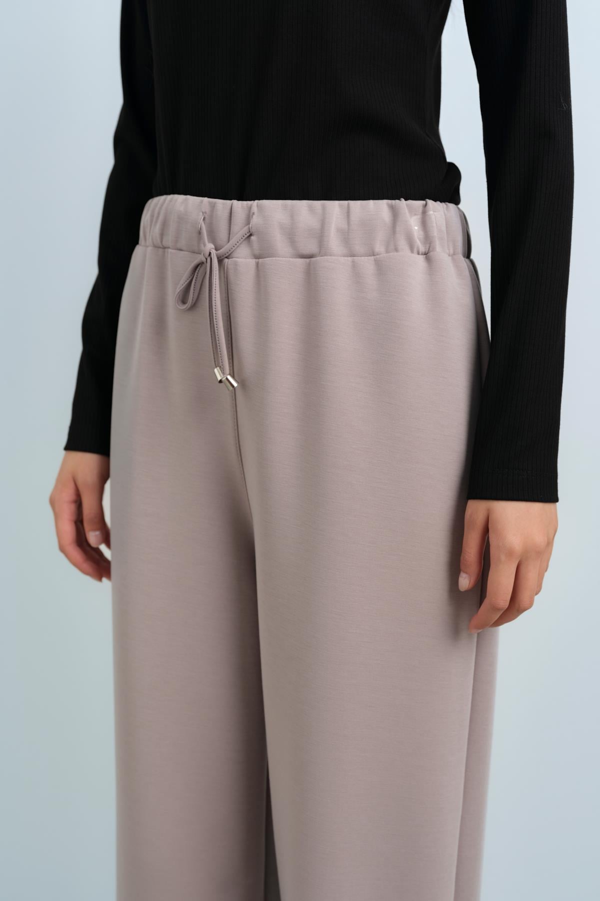 NİHAN Pantolon Nihan Beli Lastikli Bol Paça Örme Pantolon  Vizon_modest