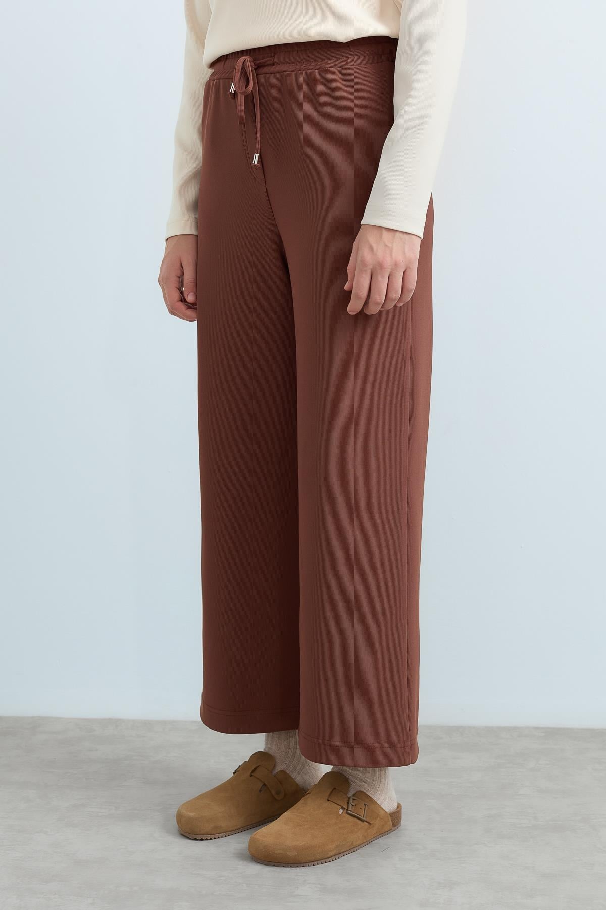 NİHAN Pants Nihan Beli Lastikli Bol Paça Örme Pantolon  Kahve_modest