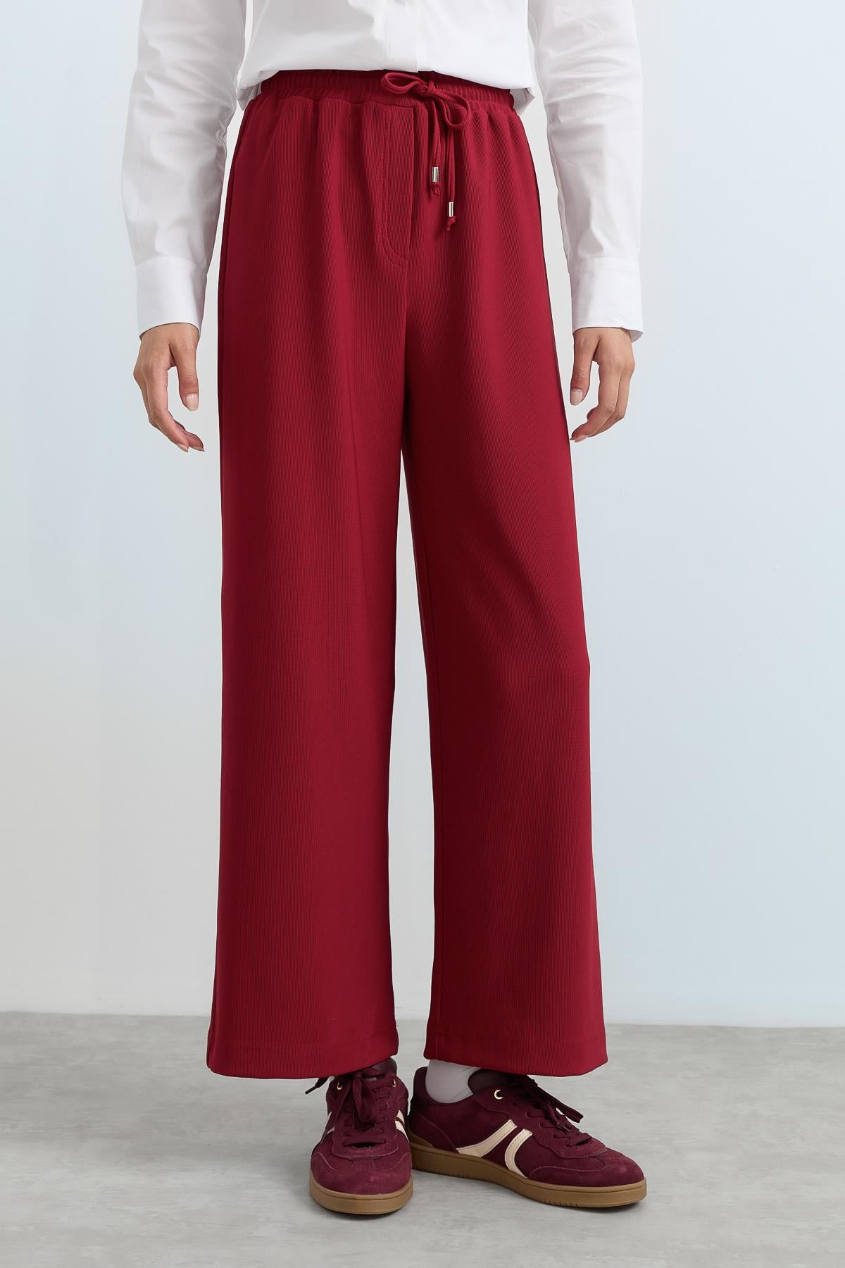 NİHAN Pantolon Nihan Beli Lastikli Bol Paça Örme Pantolon  Bordo_modest