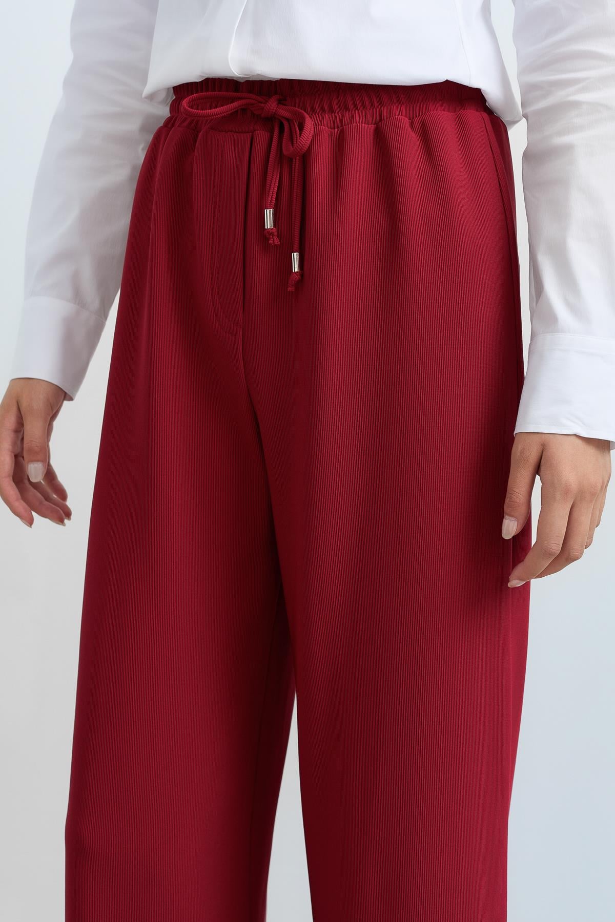 NİHAN Pantolon Nihan Beli Lastikli Bol Paça Örme Pantolon  Bordo_modest