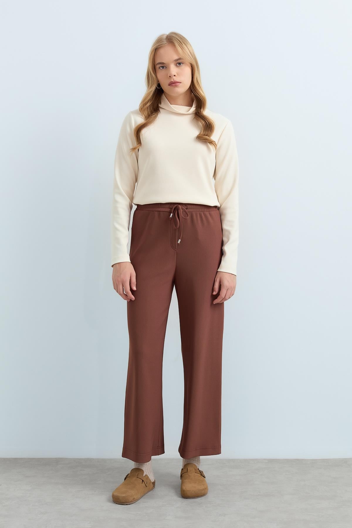 NİHAN Pants Nihan Beli Lastikli Bol Paça Örme Pantolon  Kahve_modest
