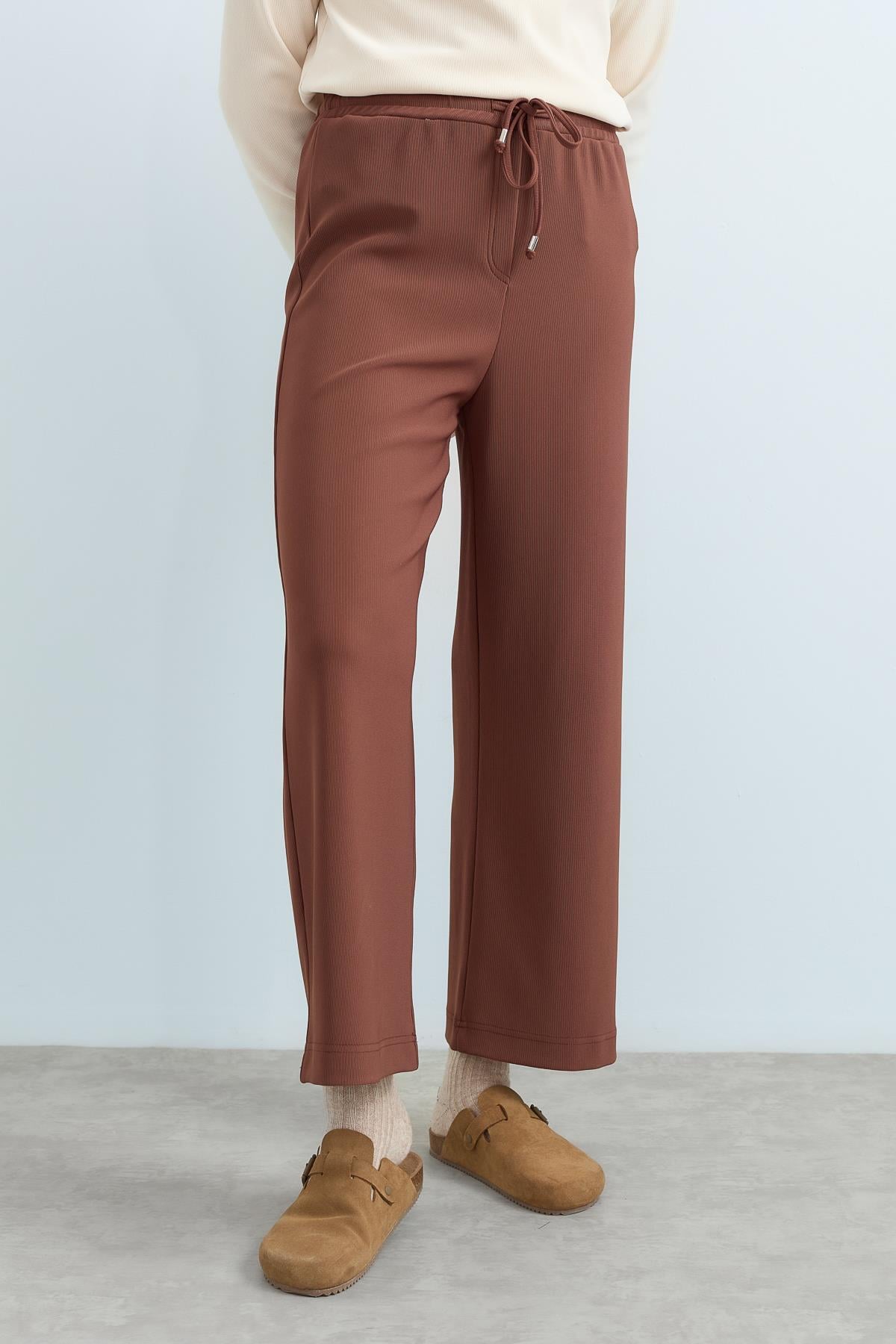 NİHAN Pants Nihan Beli Lastikli Bol Paça Örme Pantolon  Kahve_modest
