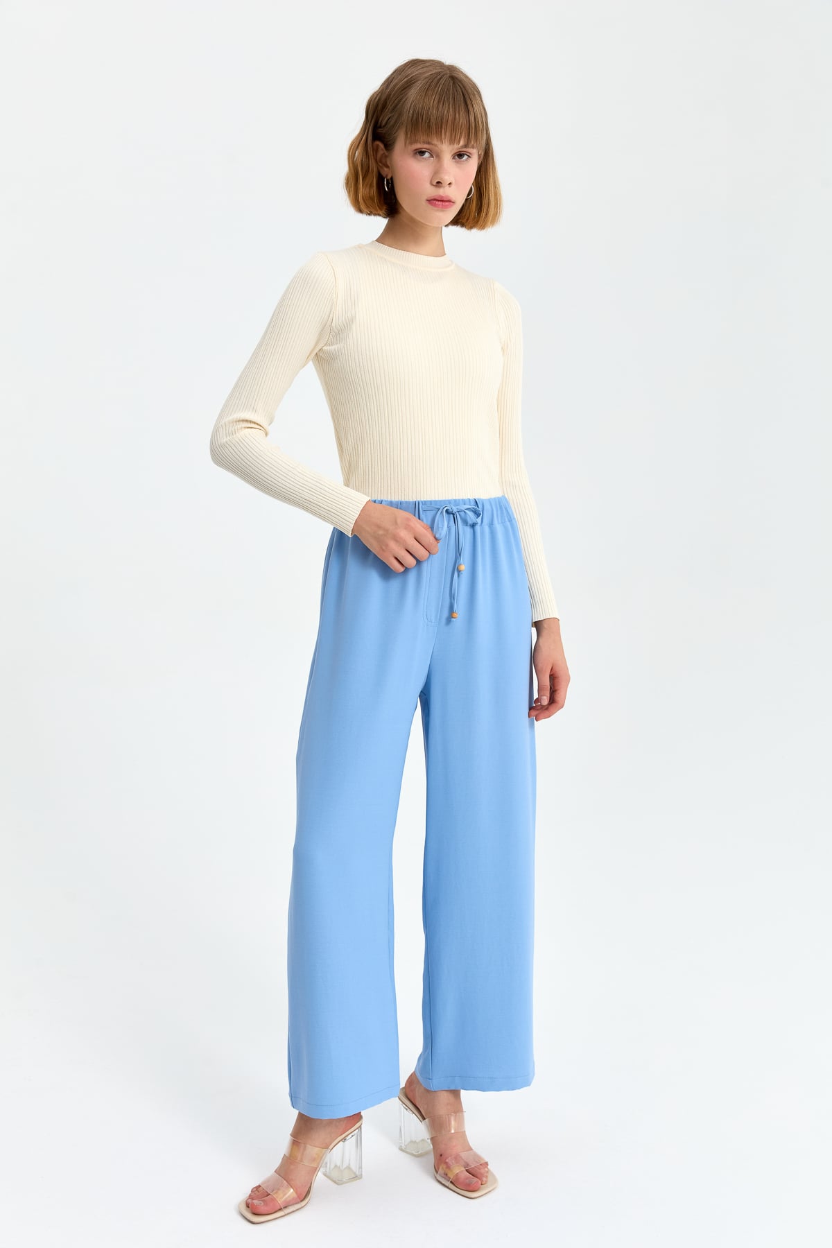 NİHAN Pants Nihan Beli Lastikli Bol Paça Pantolon  Açık Mavi_modest