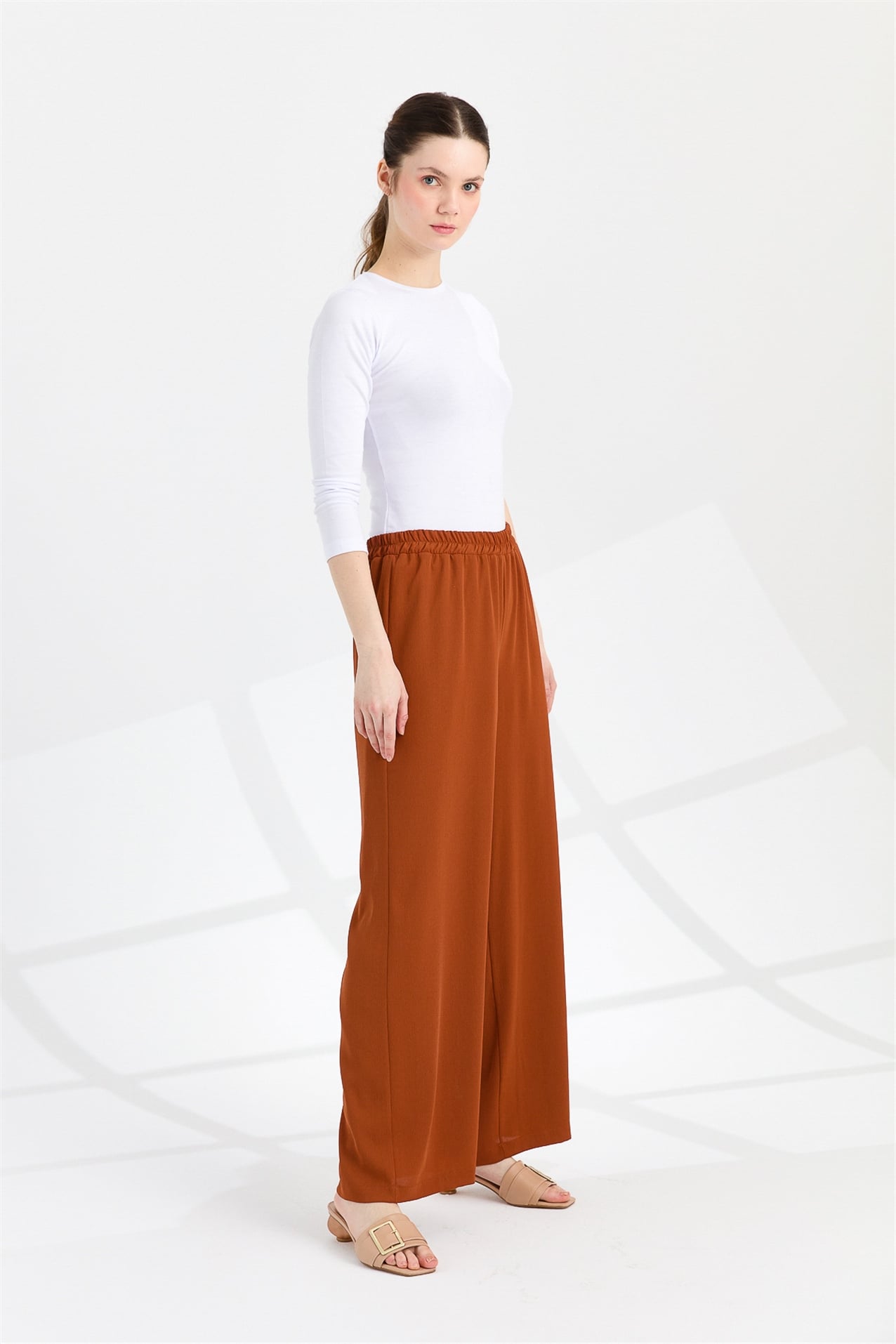 NİHAN Pantolon Nihan Beli Lastikli Bol Paça Rahat Pantolon  Taba_modest