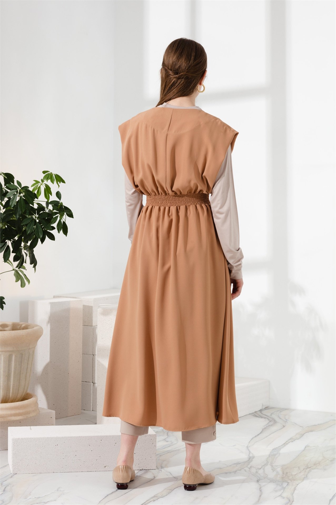 NİHAN Yelek Nihan Beli Lastikli Kruvaze Yelek  Camel_modest