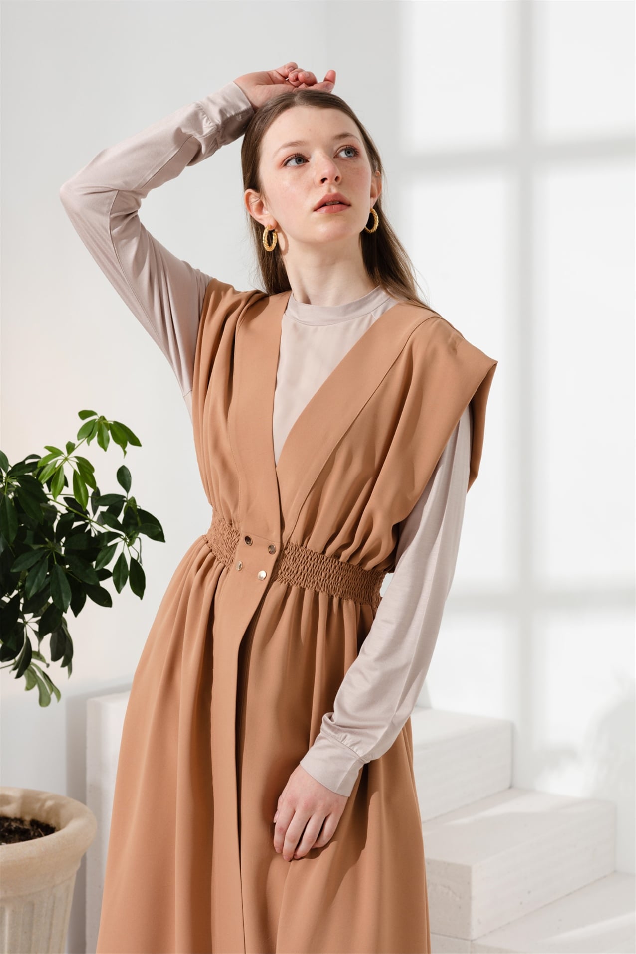 NİHAN Yelek Nihan Beli Lastikli Kruvaze Yelek  Camel_modest