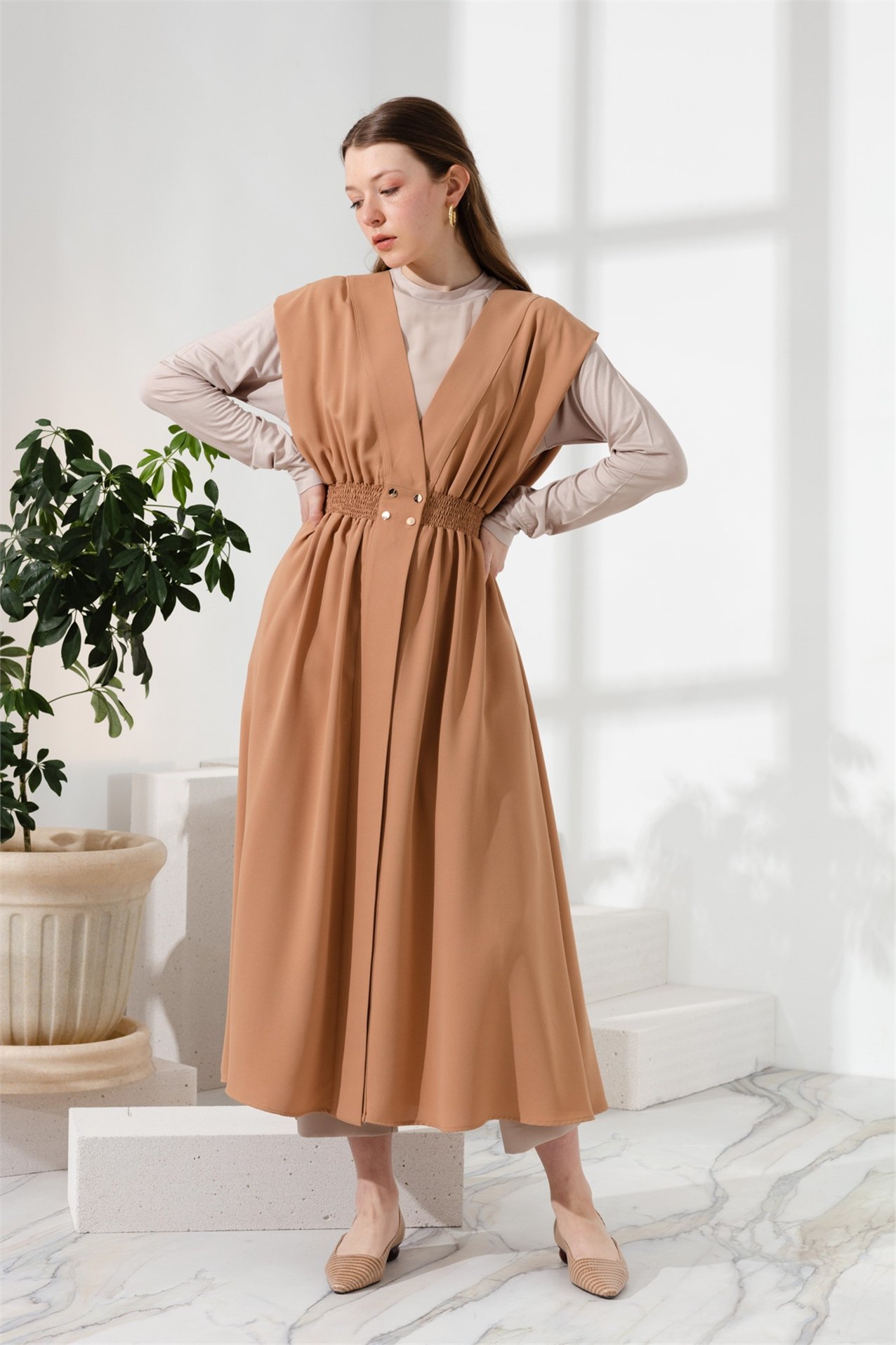 NİHAN Yelek Nihan Beli Lastikli Kruvaze Yelek  Camel_modest