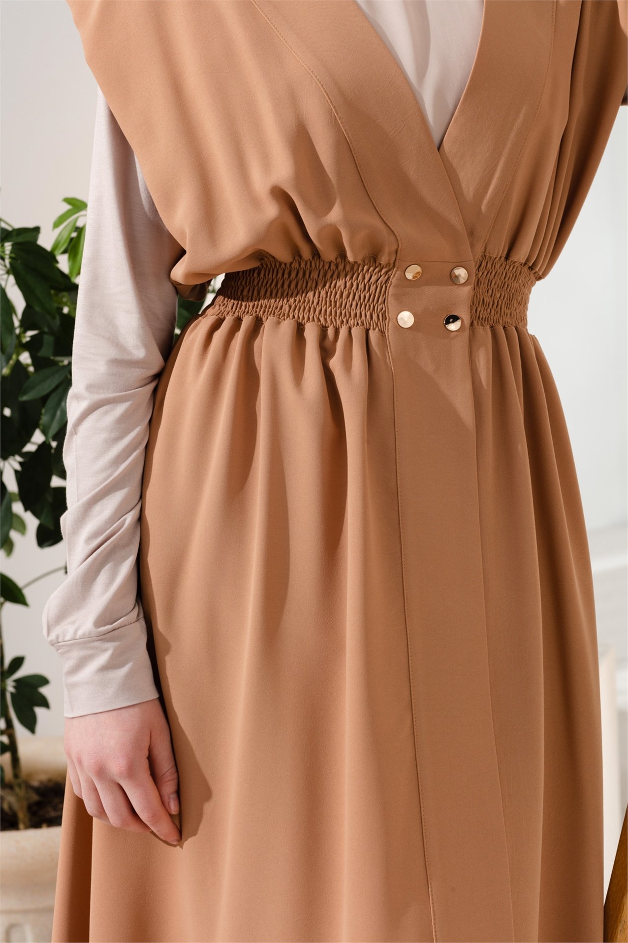 NİHAN Yelek Nihan Beli Lastikli Kruvaze Yelek  Camel_modest