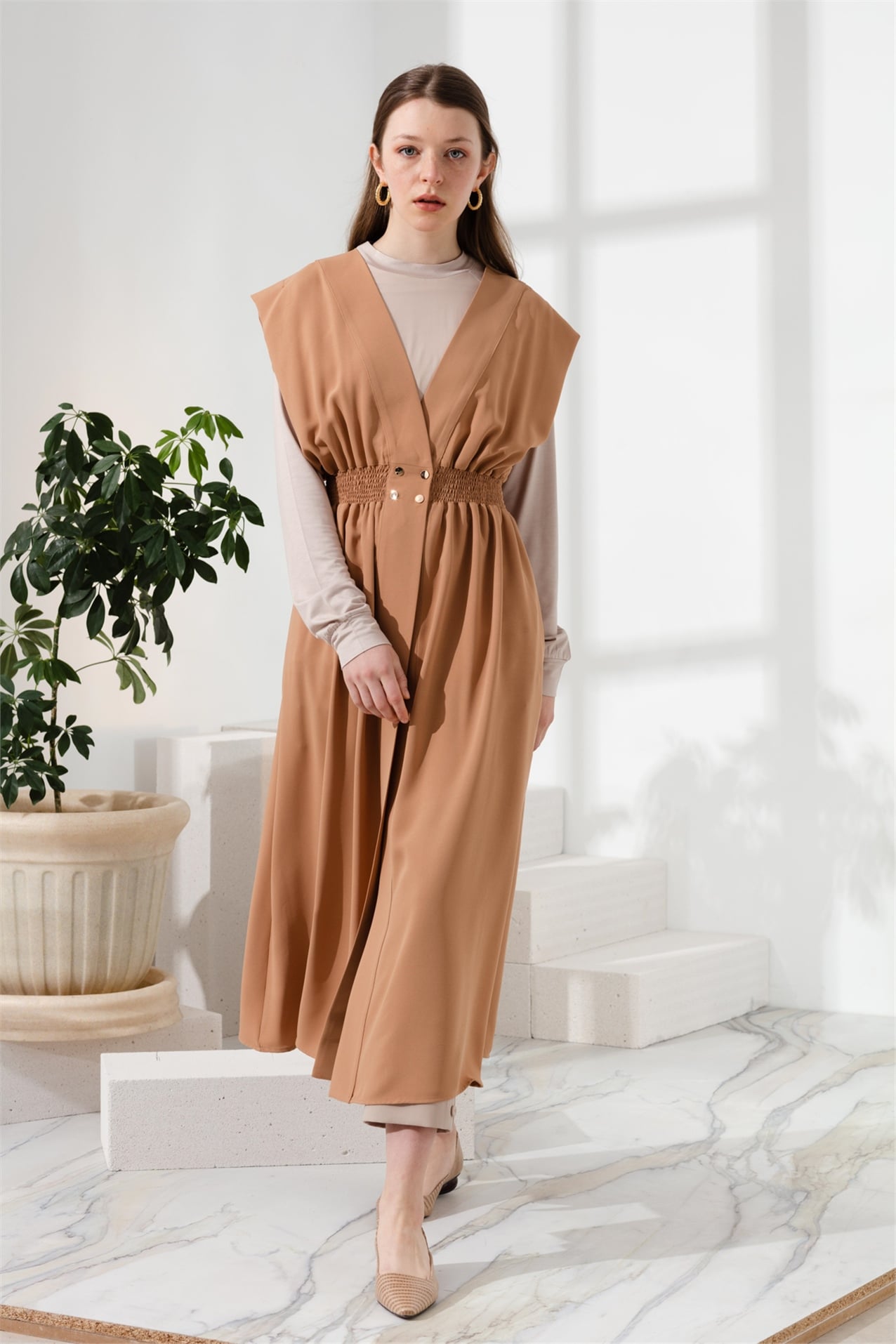 NİHAN Yelek Nihan Beli Lastikli Kruvaze Yelek  Camel_modest