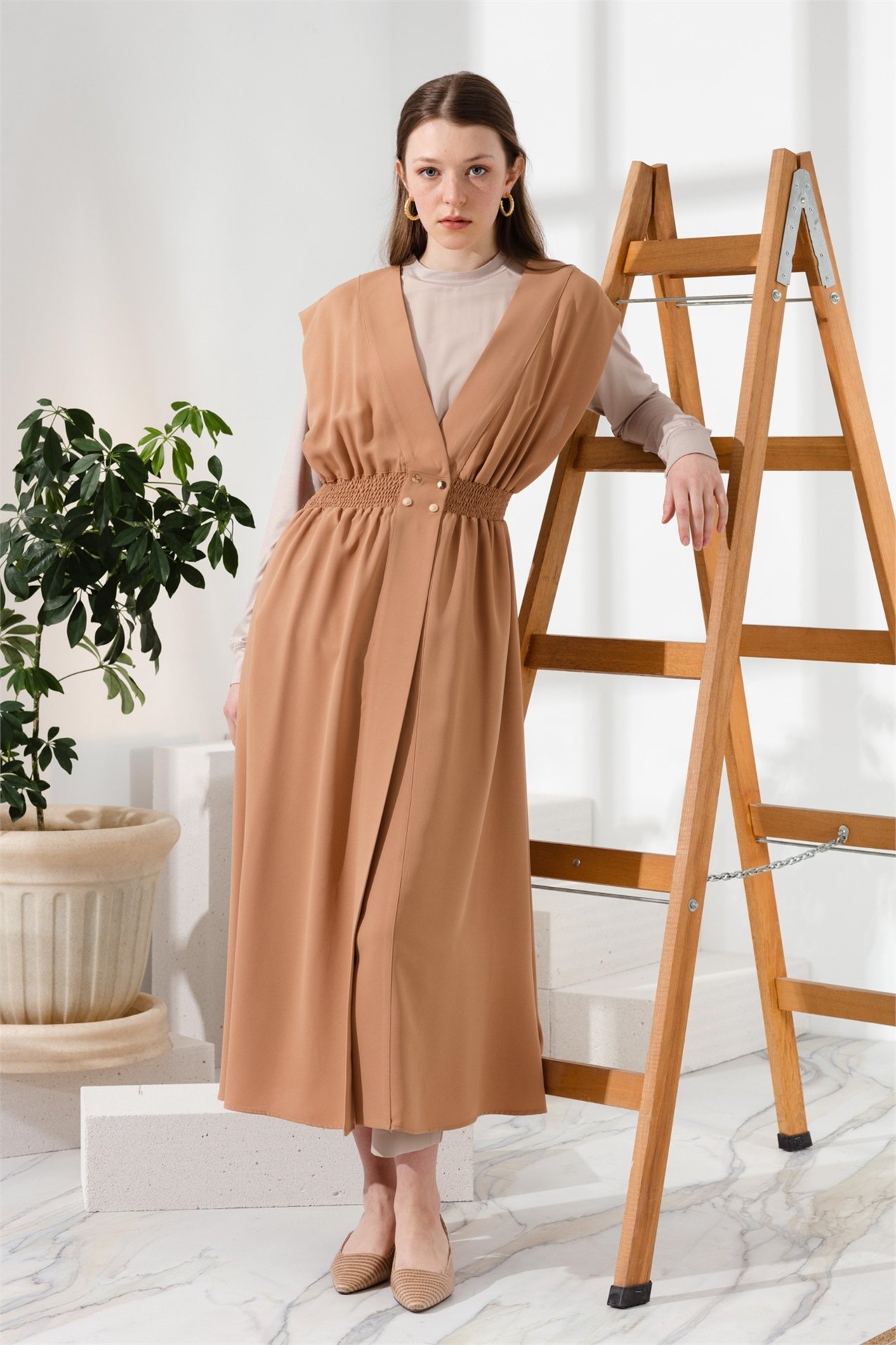 NİHAN Yelek Nihan Beli Lastikli Kruvaze Yelek  Camel_modest