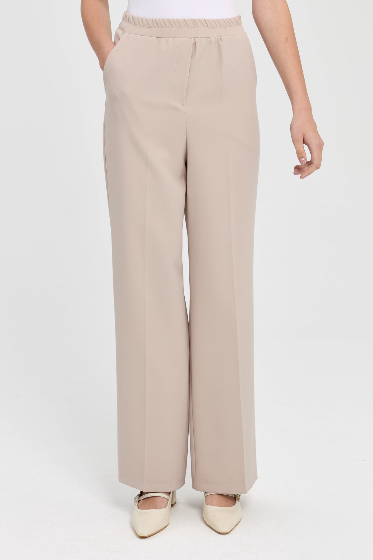NİHAN Pants Nihan Beli Lastikli Yüksek Bel Pantolon  Bej_modest