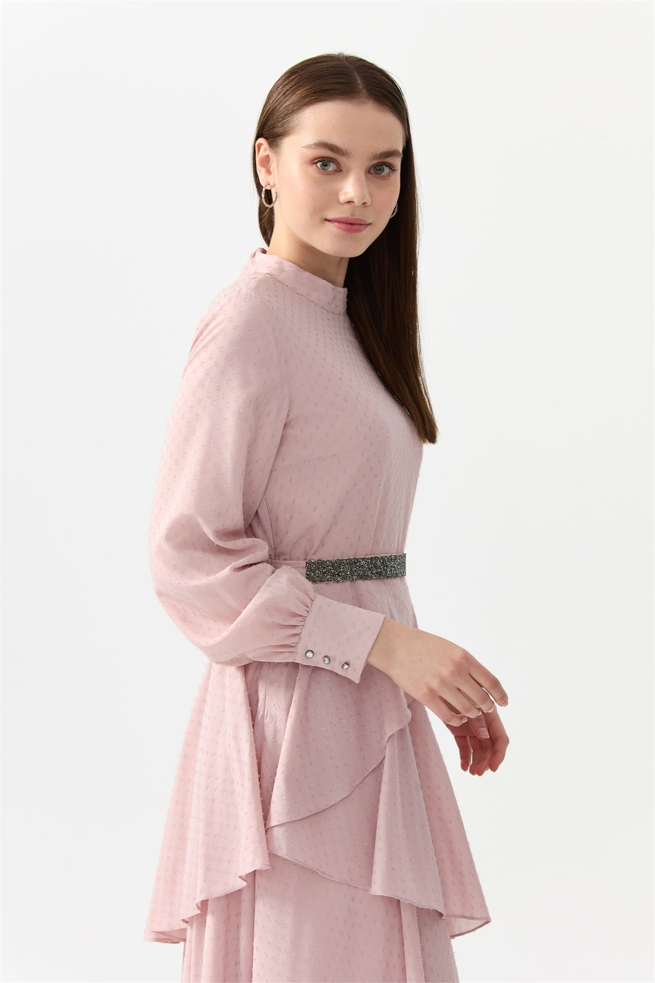 NİHAN Elbise Nihan Beli Taş Kuşaklı Şık Elbise  Lila_modest