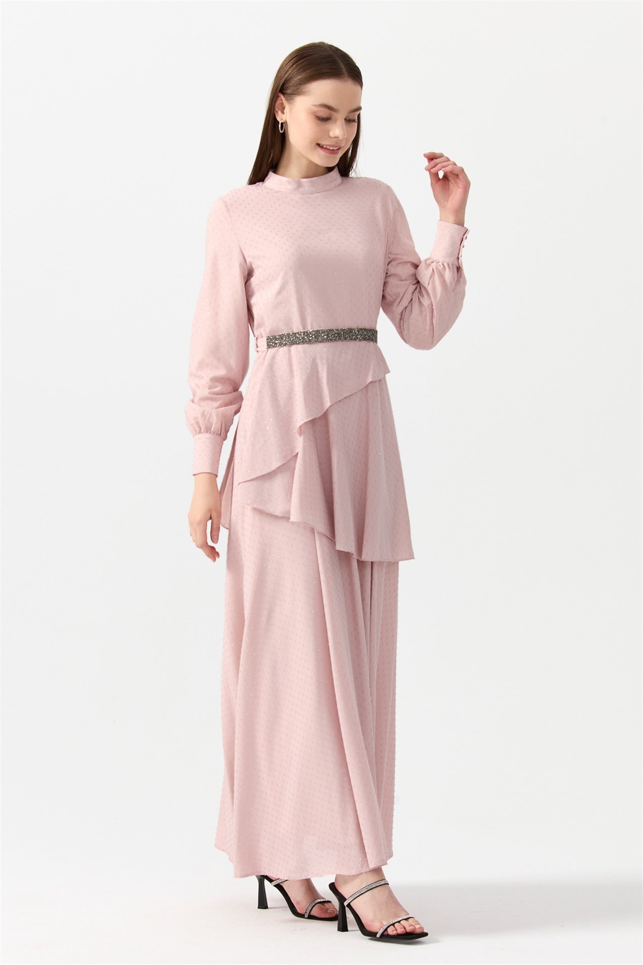 NİHAN Elbise Nihan Beli Taş Kuşaklı Şık Elbise  Lila_modest