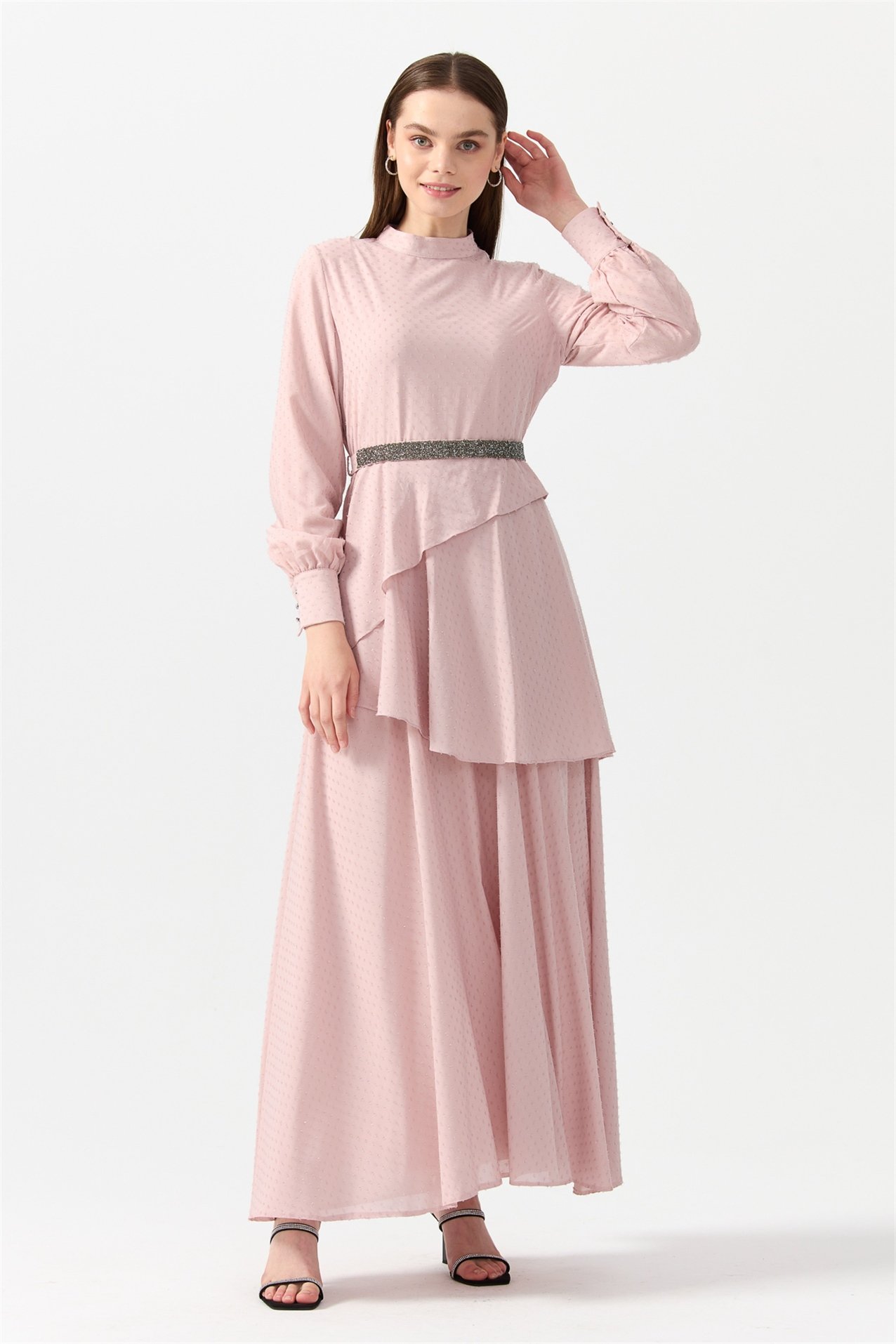 NİHAN Elbise Nihan Beli Taş Kuşaklı Şık Elbise  Lila_modest