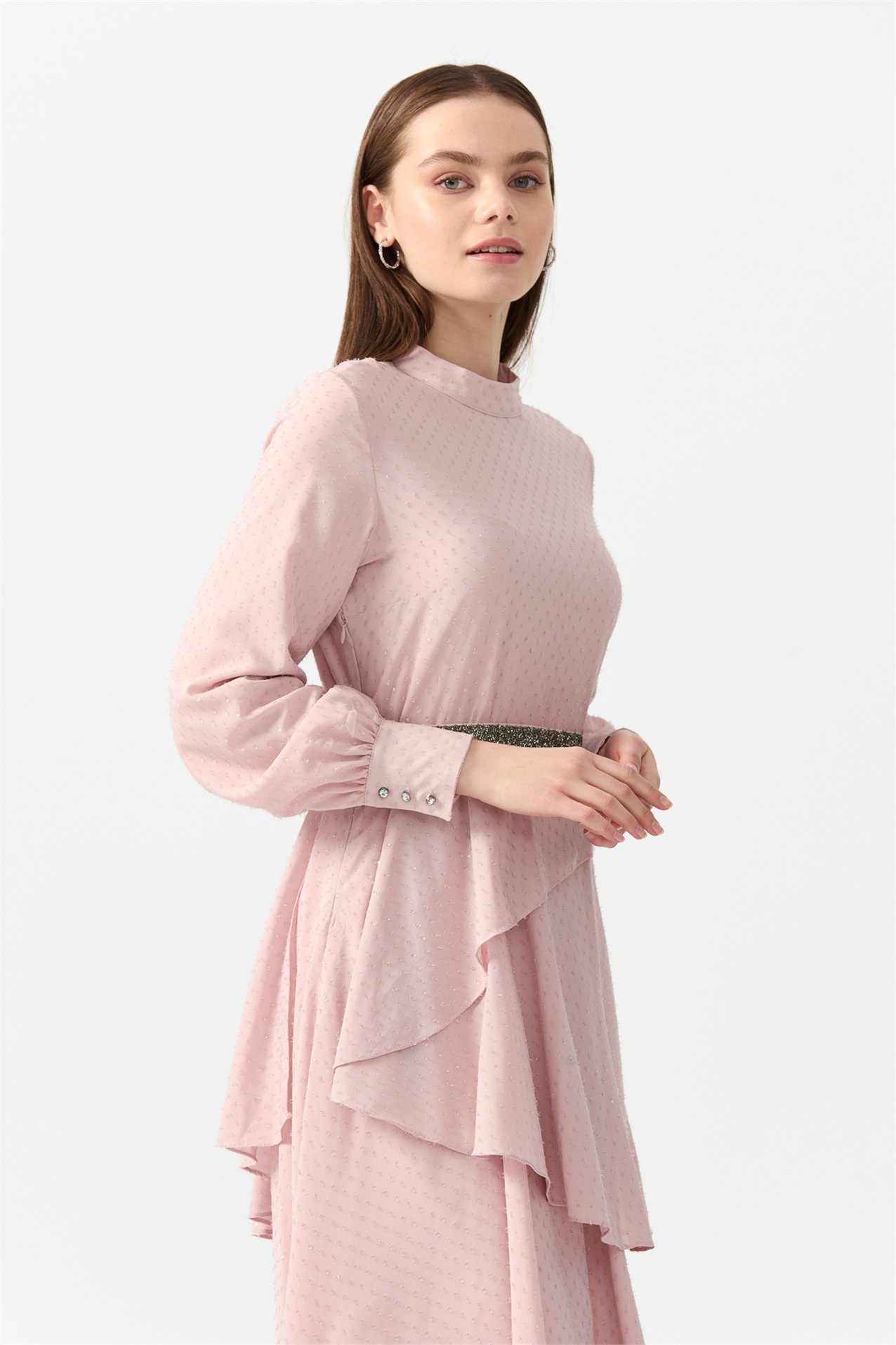 NİHAN Elbise Nihan Beli Taş Kuşaklı Şık Elbise  Lila_modest