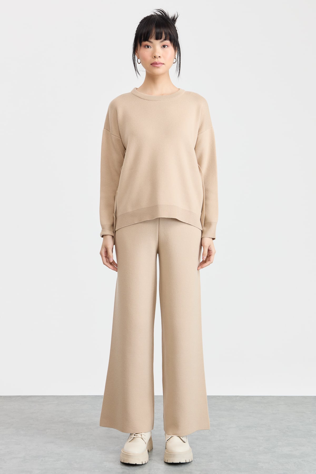 NİHAN Pantolon Nihan Bol Triko Pantolon  Bej_modest