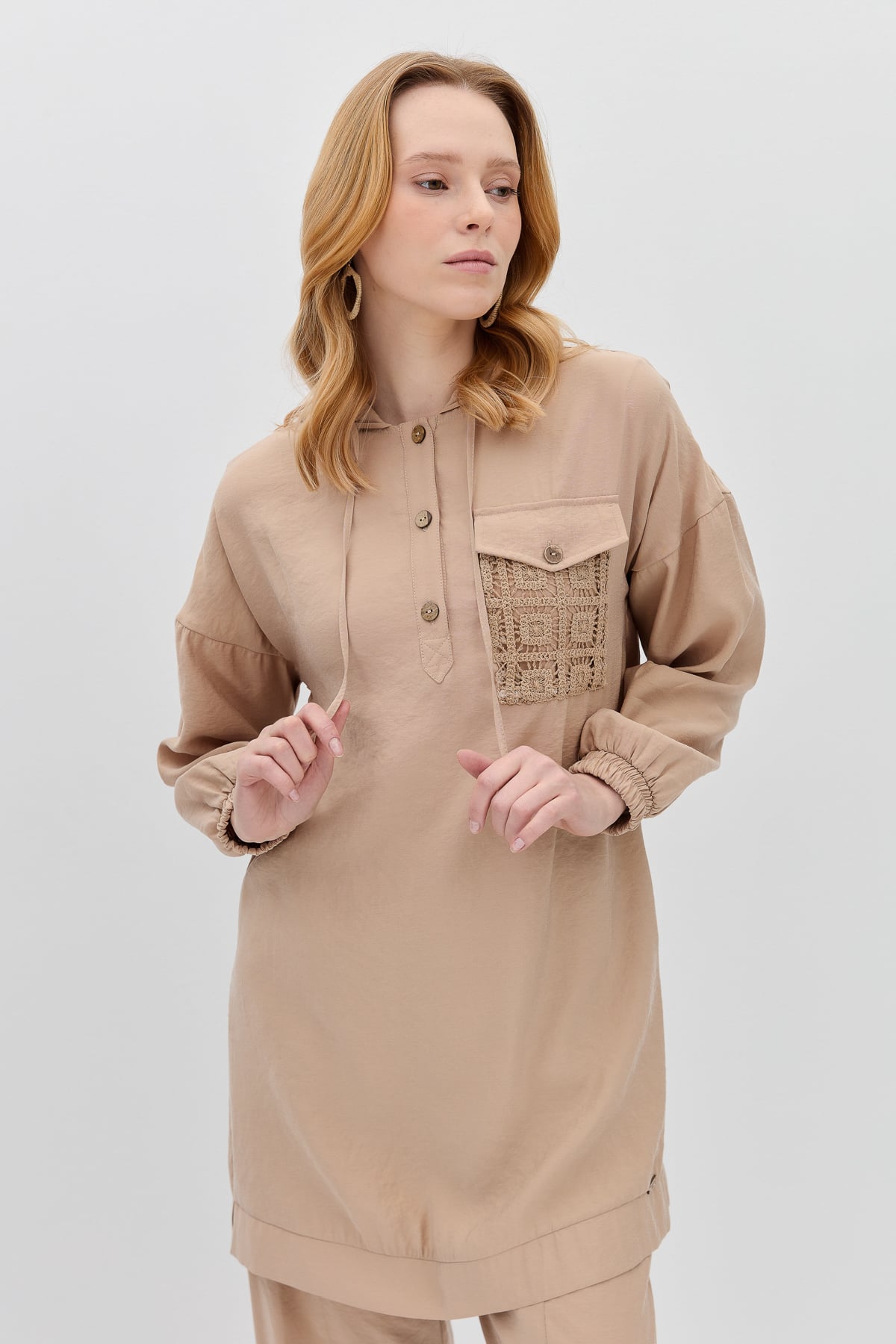 NİHAN Takım Nihan Brode Detaylı Pantolon Tunik Takım  Bej_modest