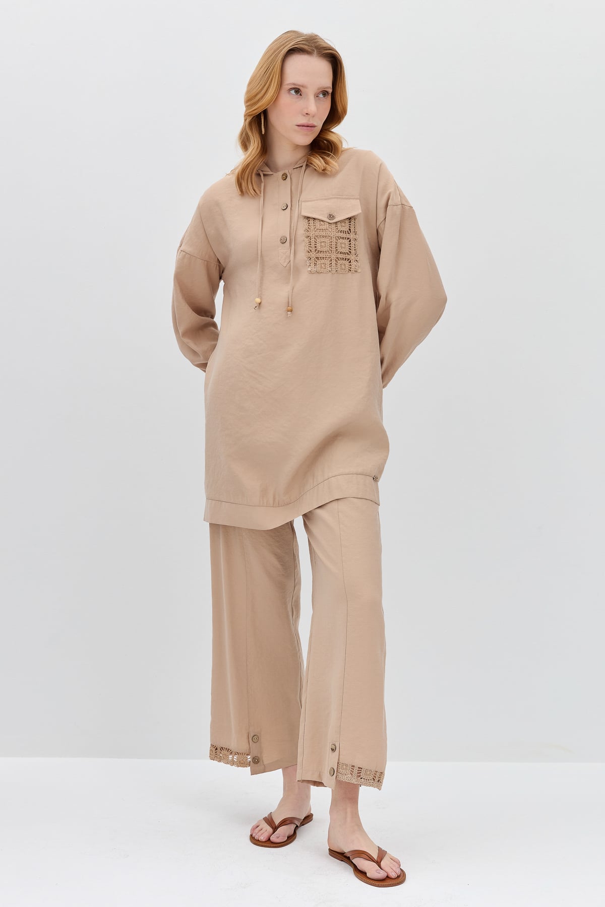 NİHAN Takım Nihan Brode Detaylı Pantolon Tunik Takım  Bej_modest