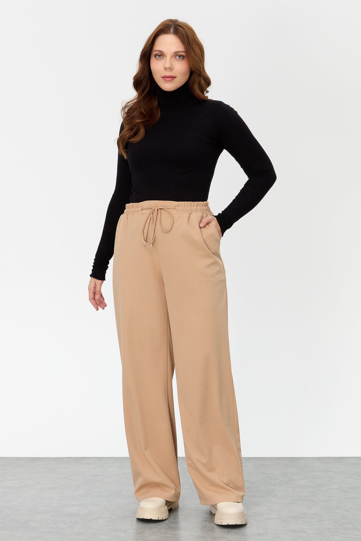 NİHAN Pantolon Nihan Büyük Beden Beli Lastikli Bol Pantolon  Camel_modest