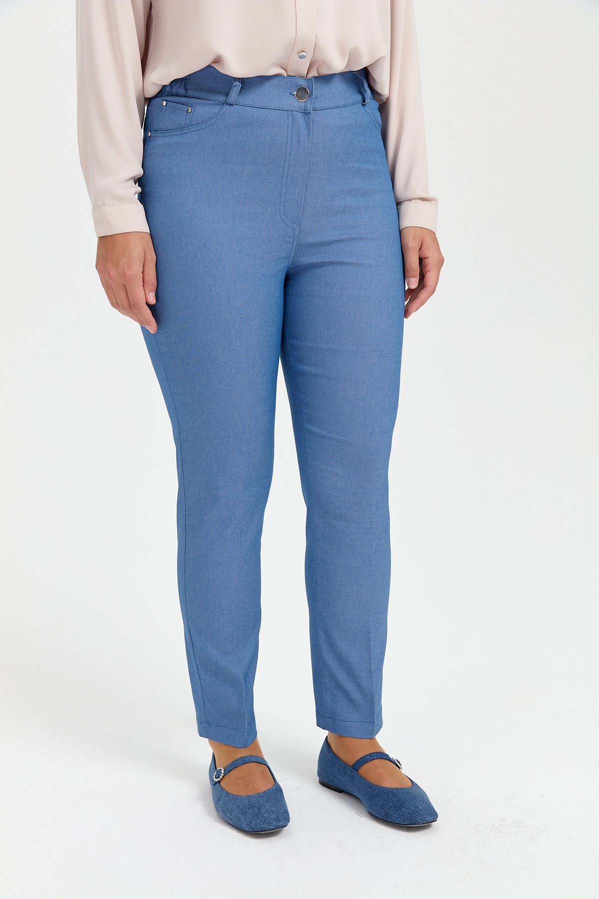 NİHAN Pants Nihan Büyük Beden Beli Lastikli Kanvas Pantolon  İndigo_modest