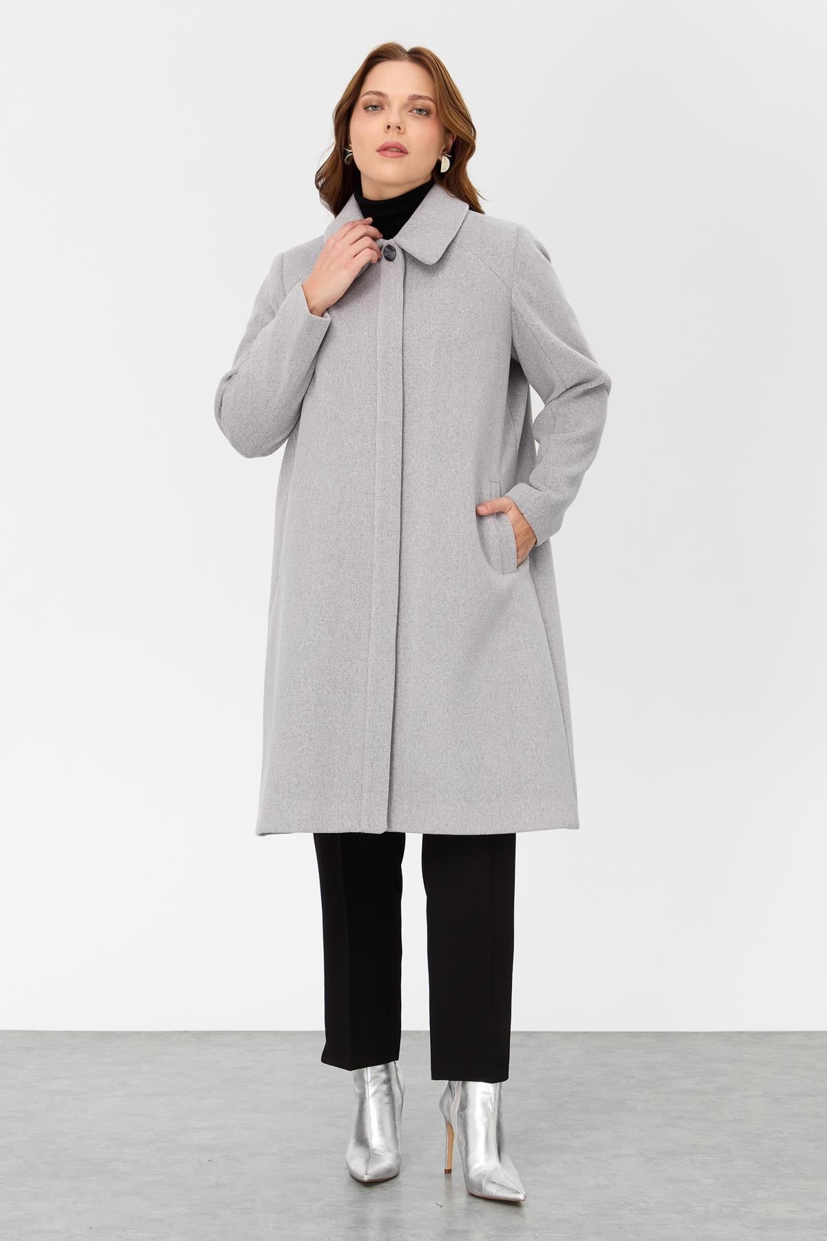 NİHAN Coat Nihan Büyük Beden Kaşe Kaban  Gri_modest