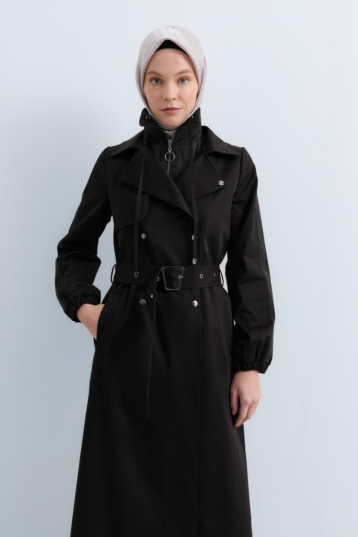 NİHAN Trench Coat Nihan Çift Yaka Kumaş Mixli Trençkot  Siyah_modest