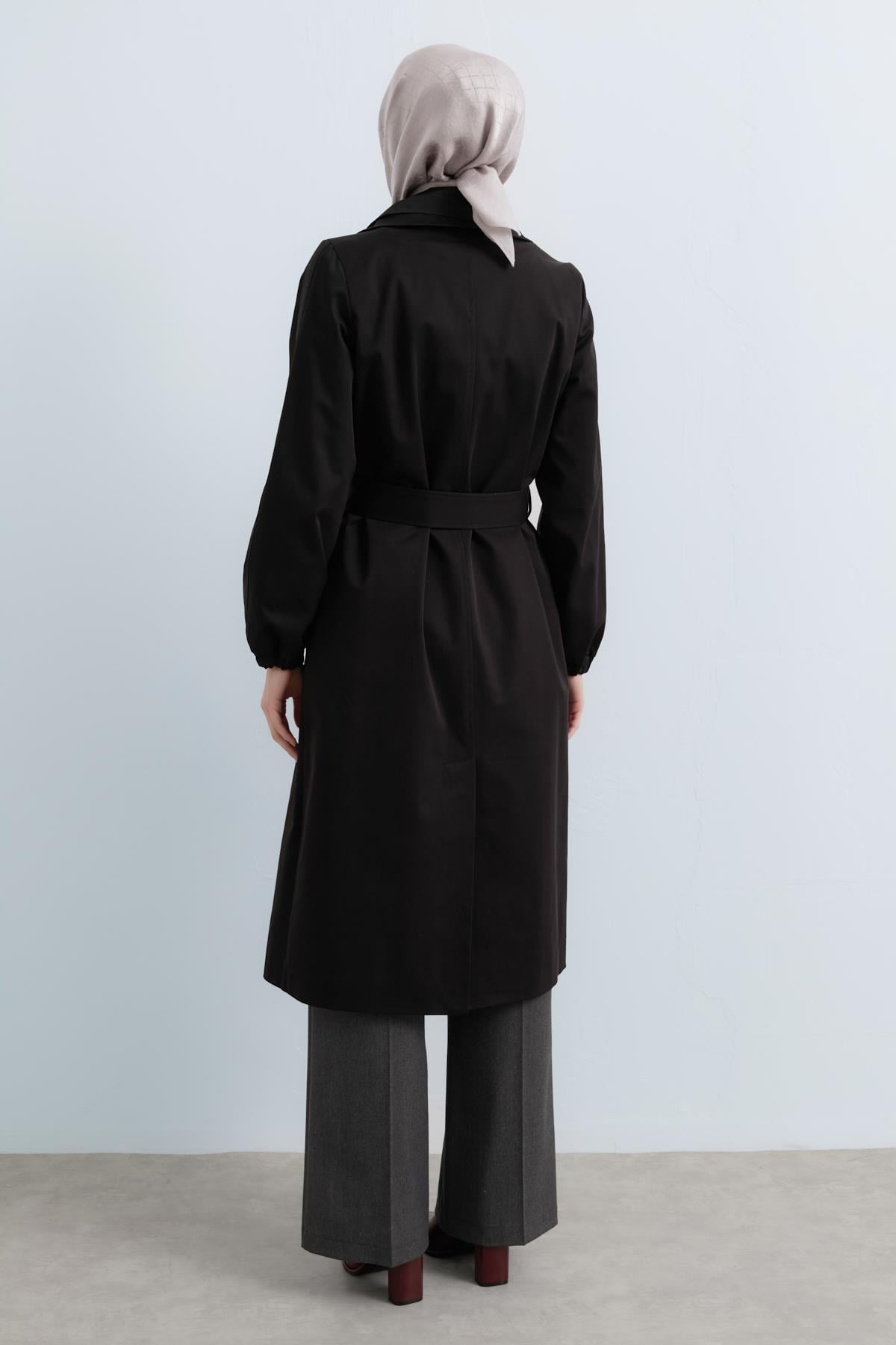 NİHAN Trench Coat Nihan Çift Yaka Kumaş Mixli Trençkot  Siyah_modest
